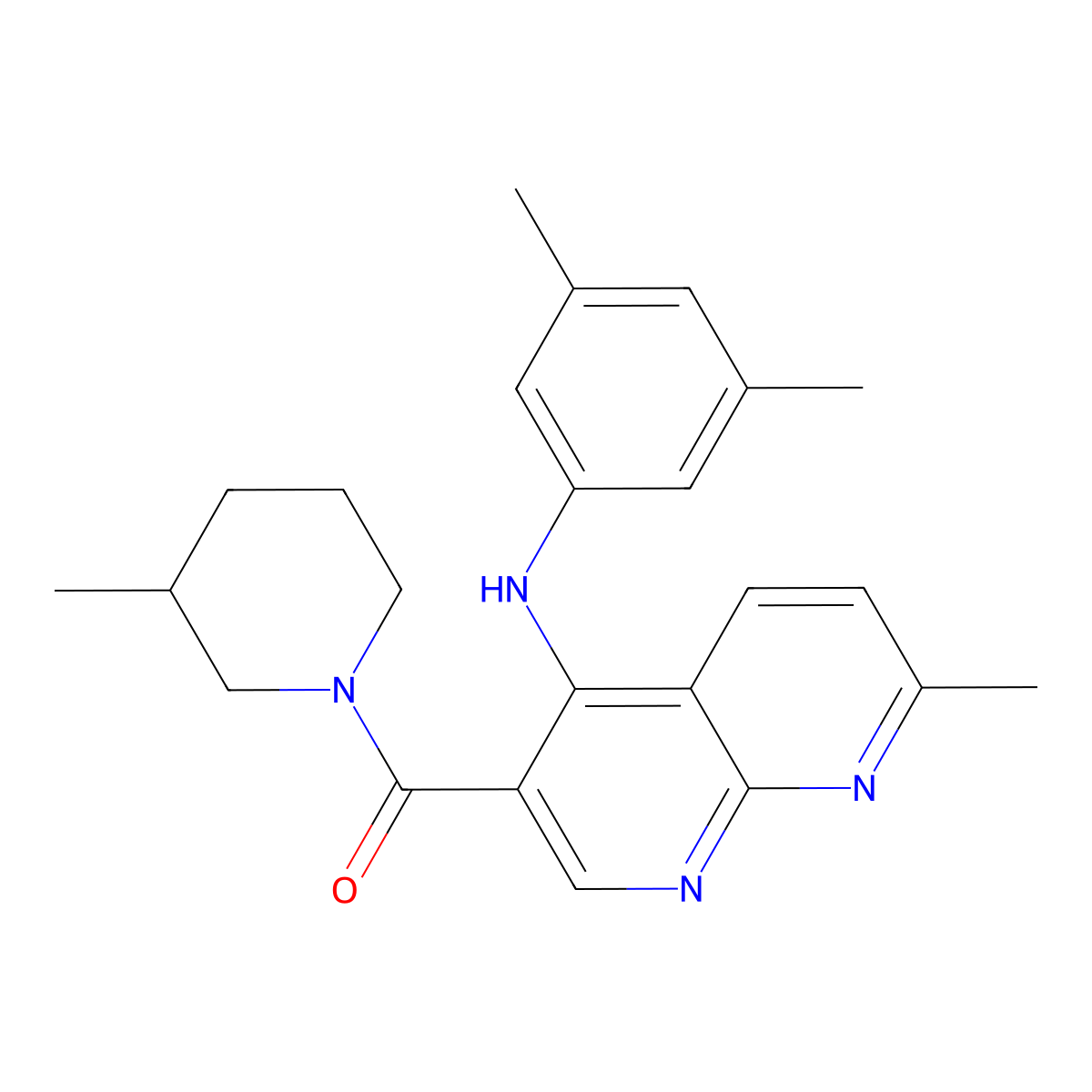 (4-((3,5-Dimethylphenyl)amino)-7-methyl-1,8-naphthyridin-3-yl)(3-methylpiperidin-1-yl)methanone molecular structure, CAS 1251628-73-5