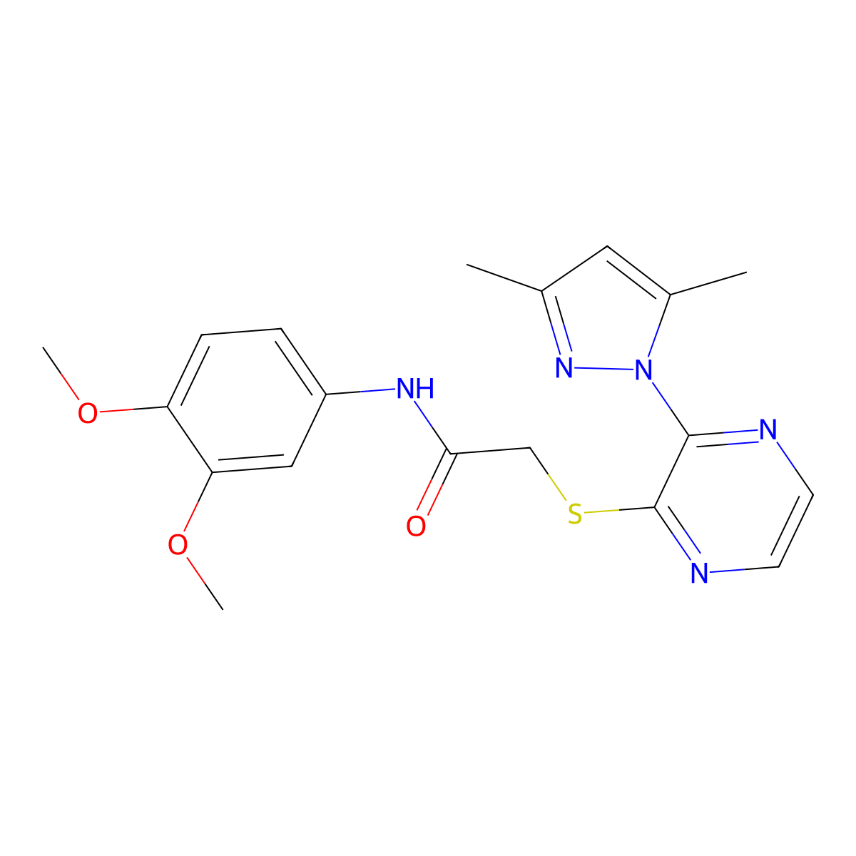 N-(3,4-dimethoxyphenyl)-2-((3-(3,5-dimethyl-1H-pyrazol-1-yl)pyrazin-2-yl)thio)acetamide molecular structure, CAS 1251628-81-5