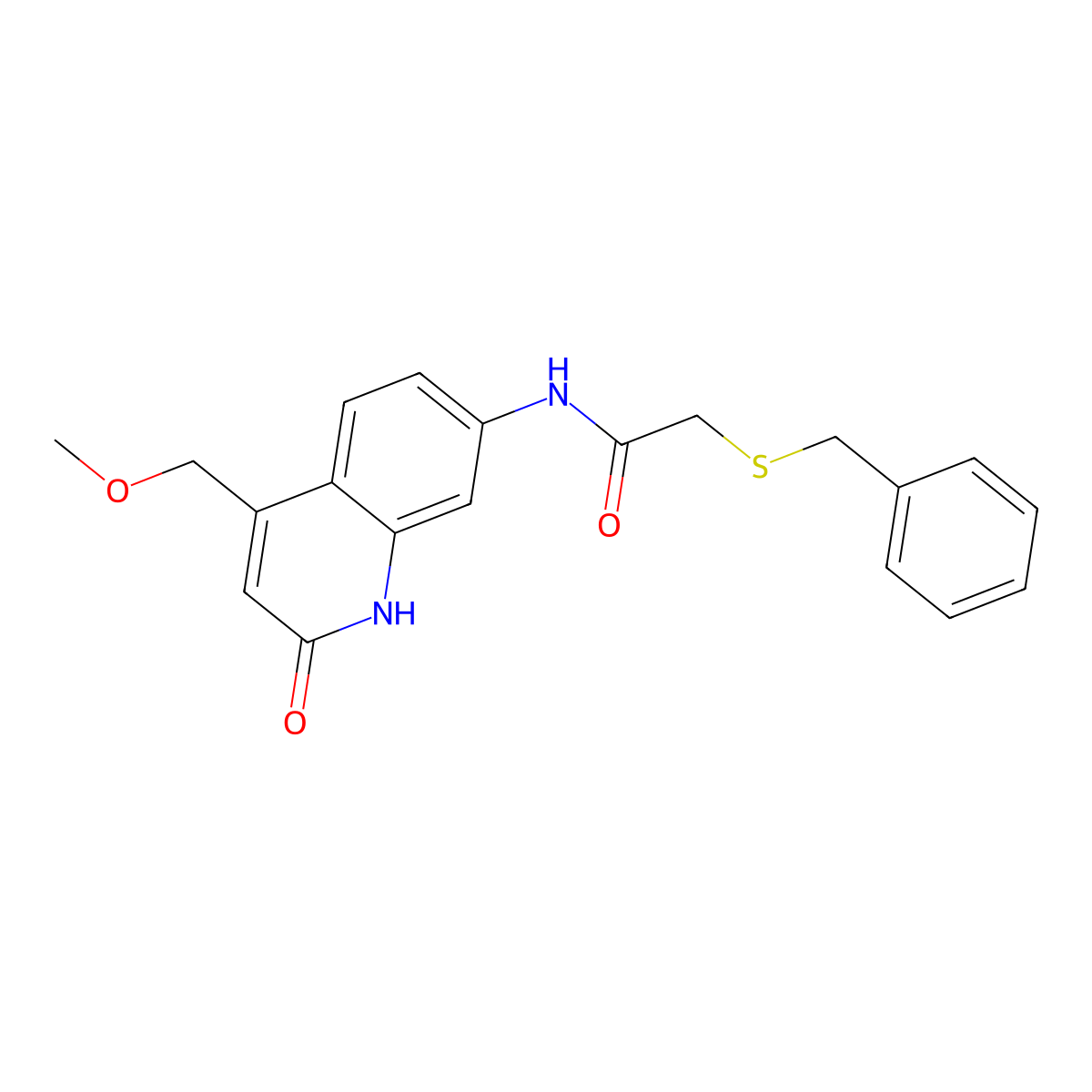 2-(benzylthio)-N-(4-(methoxymethyl)-2-oxo-1,2-dihydroquinolin-7-yl)acetamide molecular structure, CAS 1251628-84-8