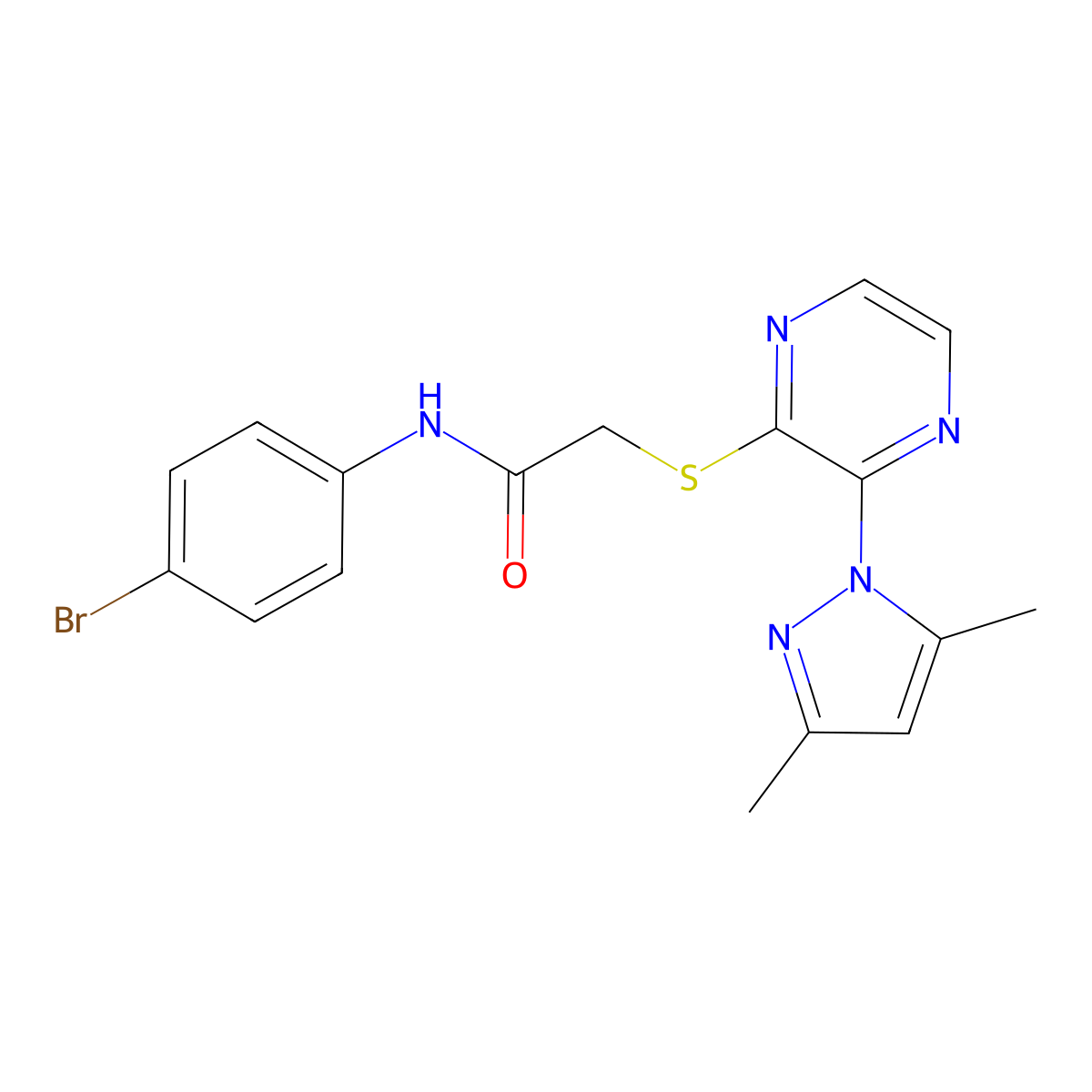 N-(4-bromophenyl)-2-((3-(3,5-dimethyl-1H-pyrazol-1-yl)pyrazin-2-yl)thio)acetamide molecular structure, CAS 1251628-90-6