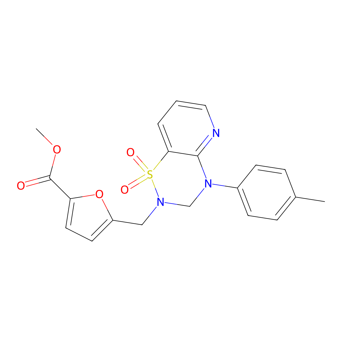 methyl 5-((1,1-dioxido-4-(p-tolyl)-3,4-dihydro-2H-pyrido[2,3-e][1,2,4]thiadiazin-2-yl)methyl)furan-2-carboxylate molecular structure, CAS 1251628-92-8