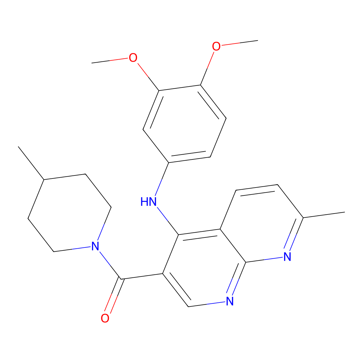 (4-((3,4-Dimethoxyphenyl)amino)-7-methyl-1,8-naphthyridin-3-yl)(4-methylpiperidin-1-yl)methanone molecular structure, CAS 1251629-05-6