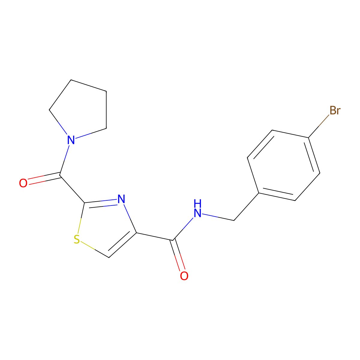 N-(4-bromobenzyl)-2-(pyrrolidine-1-carbonyl)thiazole-4-carboxamide molecular structure, CAS 1251629-07-8