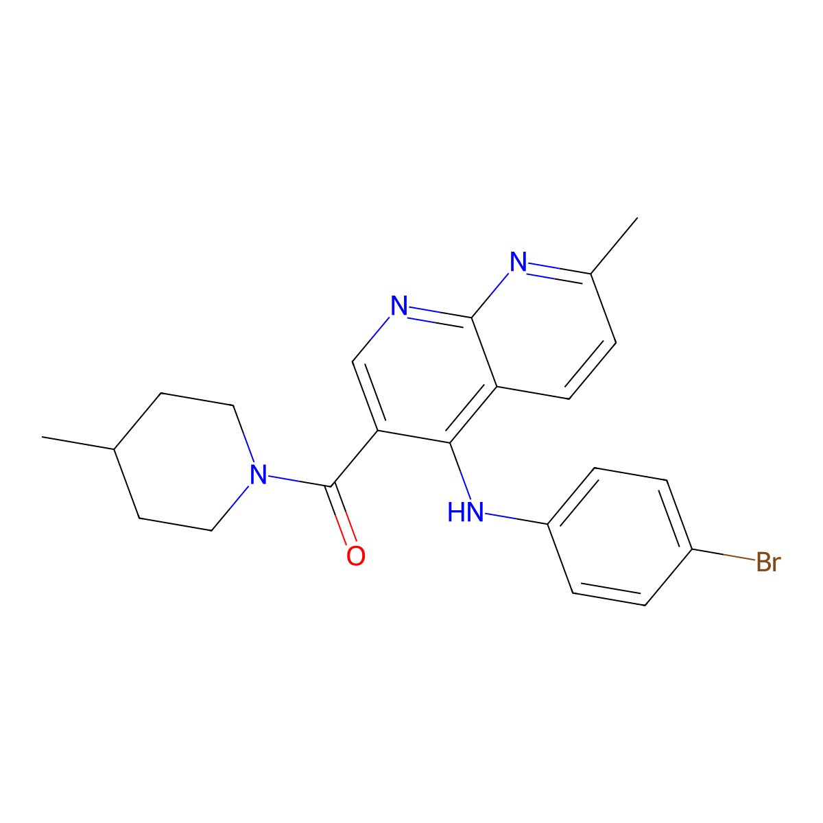 (4-((4-Bromophenyl)amino)-7-methyl-1,8-naphthyridin-3-yl)(4-methylpiperidin-1-yl)methanone molecular structure, CAS 1251629-17-0