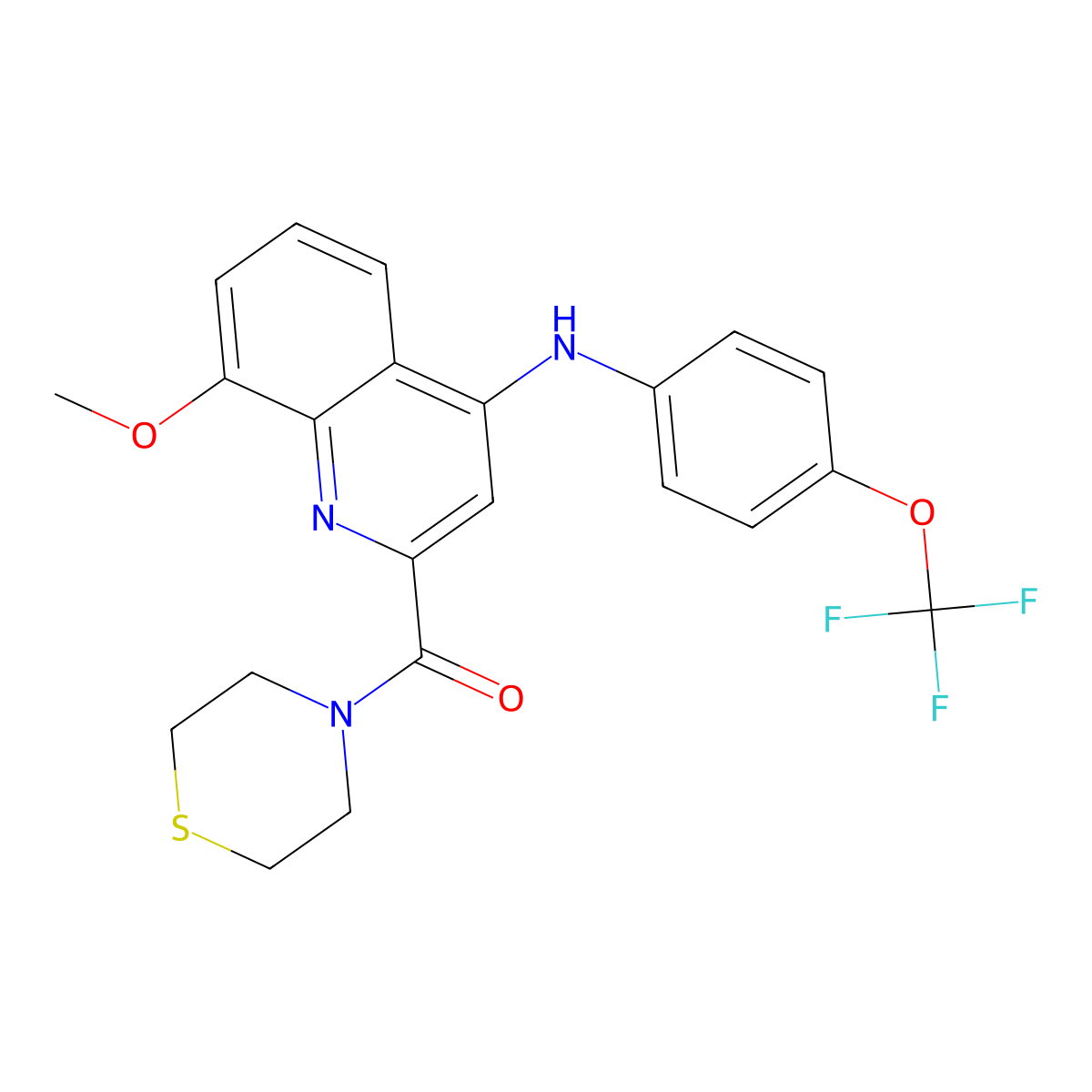 (8-Methoxy-4-((4-(trifluoromethoxy)phenyl)amino)quinolin-2-yl)(thiomorpholino)methanone molecular structure, CAS 1251630-08-6