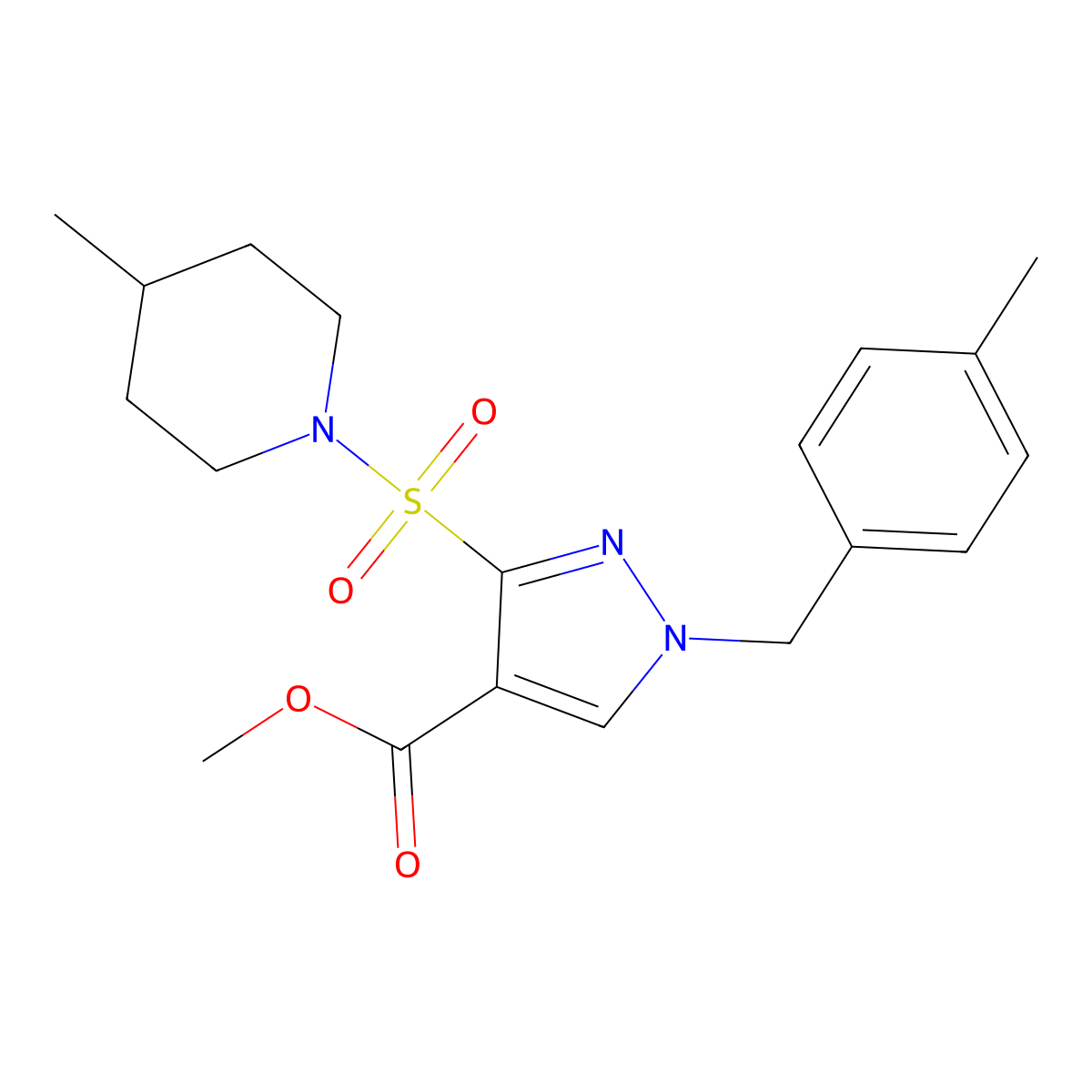 methyl 1-(4-methylbenzyl)-3-((4-methylpiperidin-1-yl)sulfonyl)-1H-pyrazole-4-carboxylate molecular structure, CAS 1251630-18-8