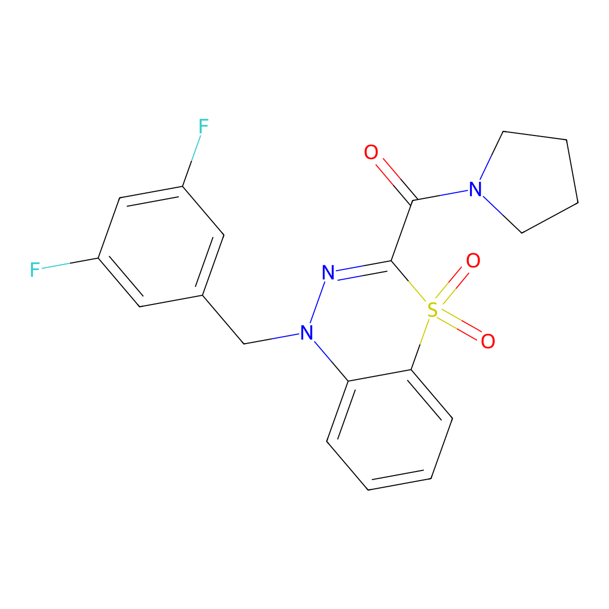 (1-(3,5-difluorobenzyl)-4,4-dioxido-1H-benzo[e][1,3,4]thiadiazin-3-yl)(pyrrolidin-1-yl)methanone molecular structure, CAS 1251630-39-3