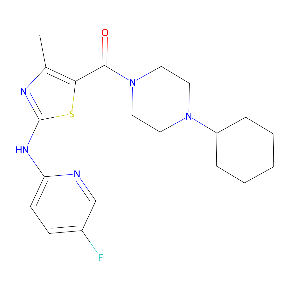 (4-Cyclohexylpiperazin-1-yl)(2-((5-fluoropyridin-2-yl)amino)-4-methylthiazol-5-yl)methanone molecular structure, CAS 1251630-42-8