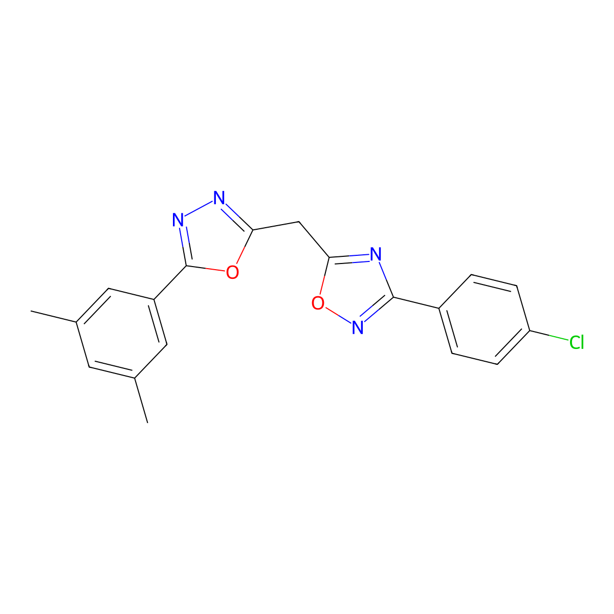 3-(4-Chlorophenyl)-5-((5-(3,5-dimethylphenyl)-1,3,4-oxadiazol-2-yl)methyl)-1,2,4-oxadiazole molecular structure, CAS 1251630-49-5
