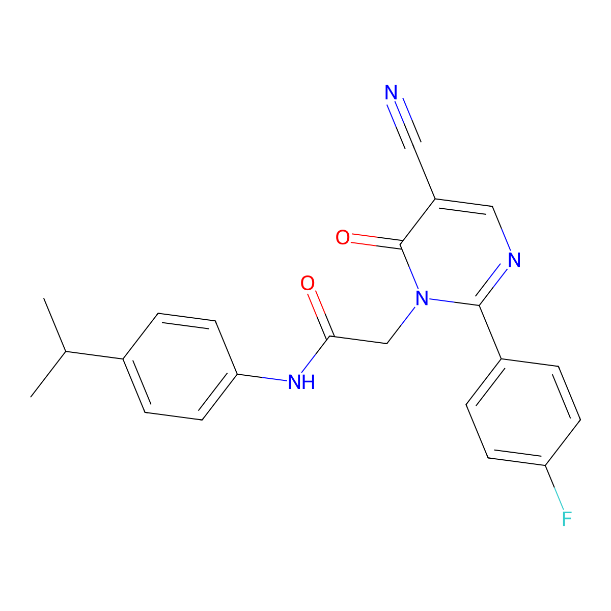 2-(5-cyano-2-(4-fluorophenyl)-6-oxopyrimidin-1(6H)-yl)-N-(4-isopropylphenyl)acetamide molecular structure, CAS 1251630-53-1