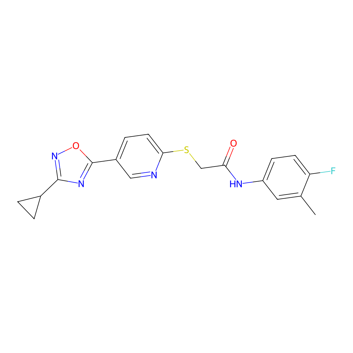 2-((5-(3-cyclopropyl-1,2,4-oxadiazol-5-yl)pyridin-2-yl)thio)-N-(4-fluoro-3-methylphenyl)acetamide molecular structure, CAS 1251630-60-0