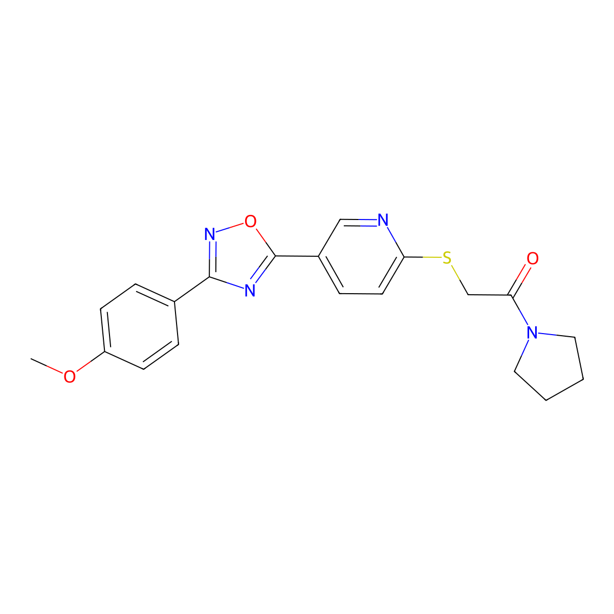 2-((5-(3-(4-Methoxyphenyl)-1,2,4-oxadiazol-5-yl)pyridin-2-yl)thio)-1-(pyrrolidin-1-yl)ethanone molecular structure, CAS 1251630-65-5