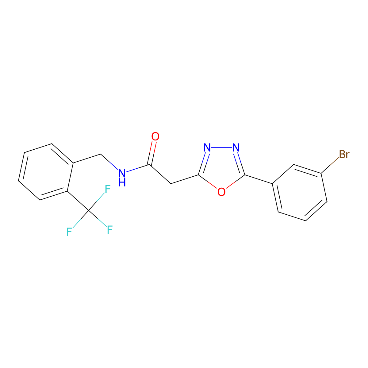 2-(5-(3-bromophenyl)-1,3,4-oxadiazol-2-yl)-N-(2-(trifluoromethyl)benzyl)acetamide molecular structure, CAS 1251630-78-0