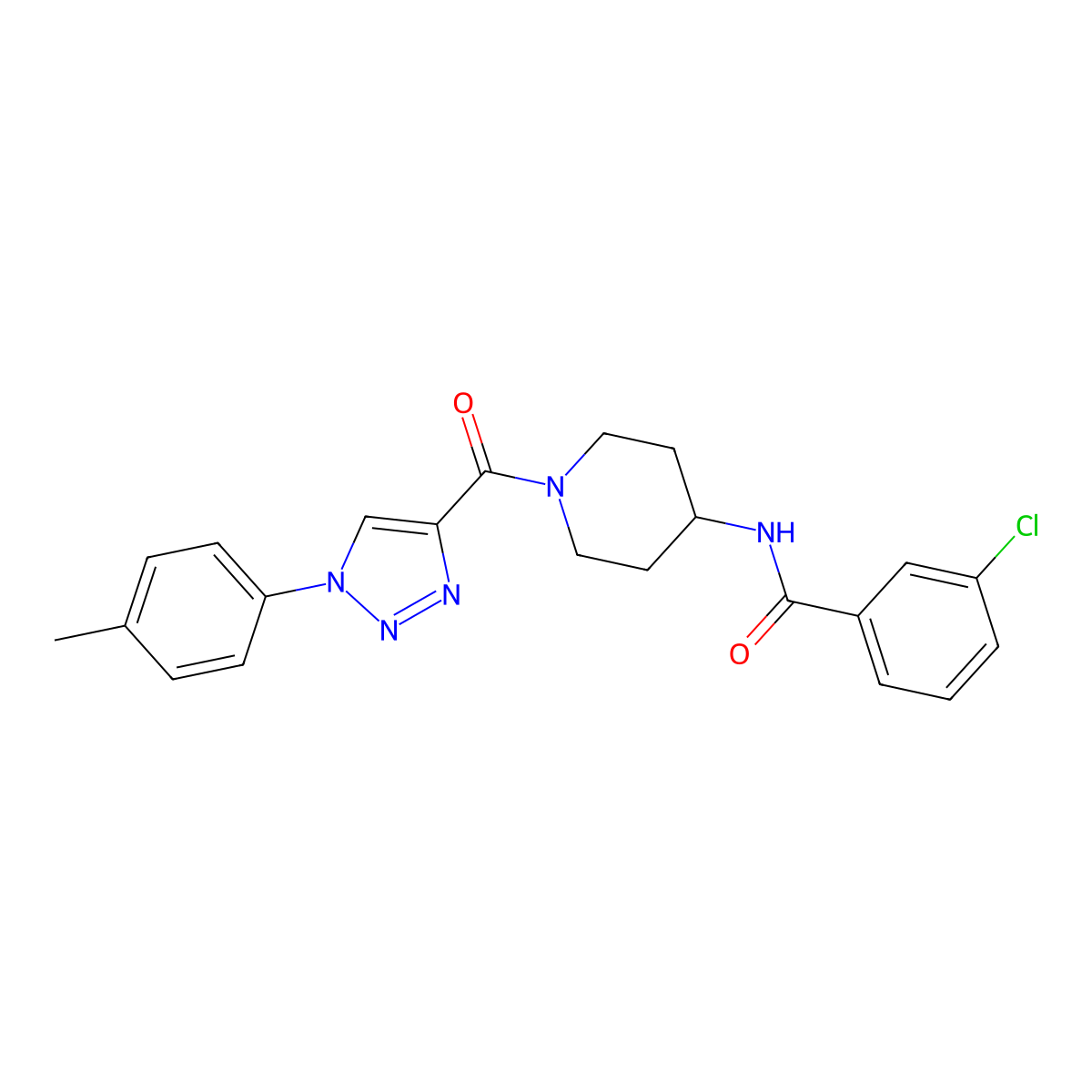 3-chloro-N-(1-(1-(p-tolyl)-1H-1,2,3-triazole-4-carbonyl)piperidin-4-yl)benzamide molecular structure, CAS 1251630-86-0