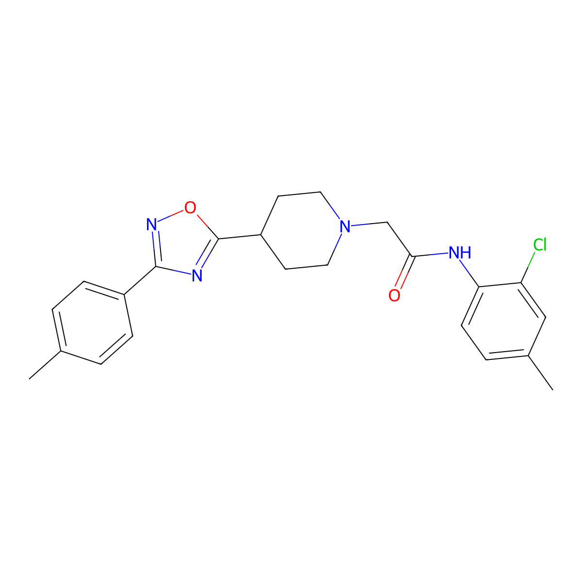 N-(2-chloro-4-methylphenyl)-2-(4-(3-(p-tolyl)-1,2,4-oxadiazol-5-yl)piperidin-1-yl)acetamide molecular structure, CAS 1251631-21-6