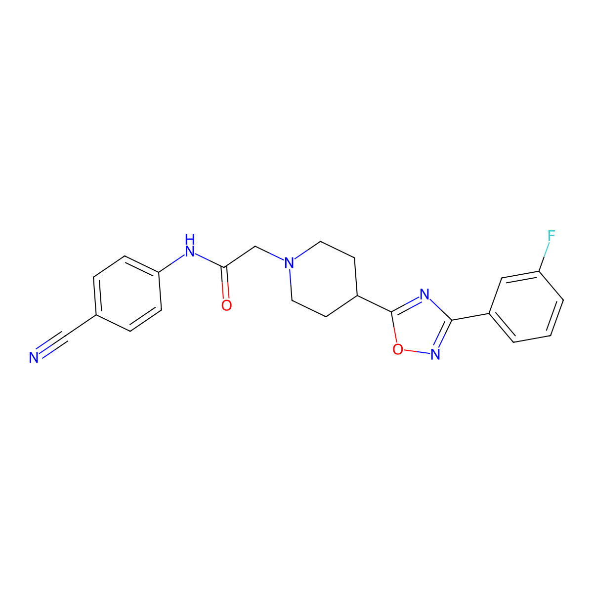N-(4-cyanophenyl)-2-(4-(3-(3-fluorophenyl)-1,2,4-oxadiazol-5-yl)piperidin-1-yl)acetamide molecular structure, CAS 1251631-25-0