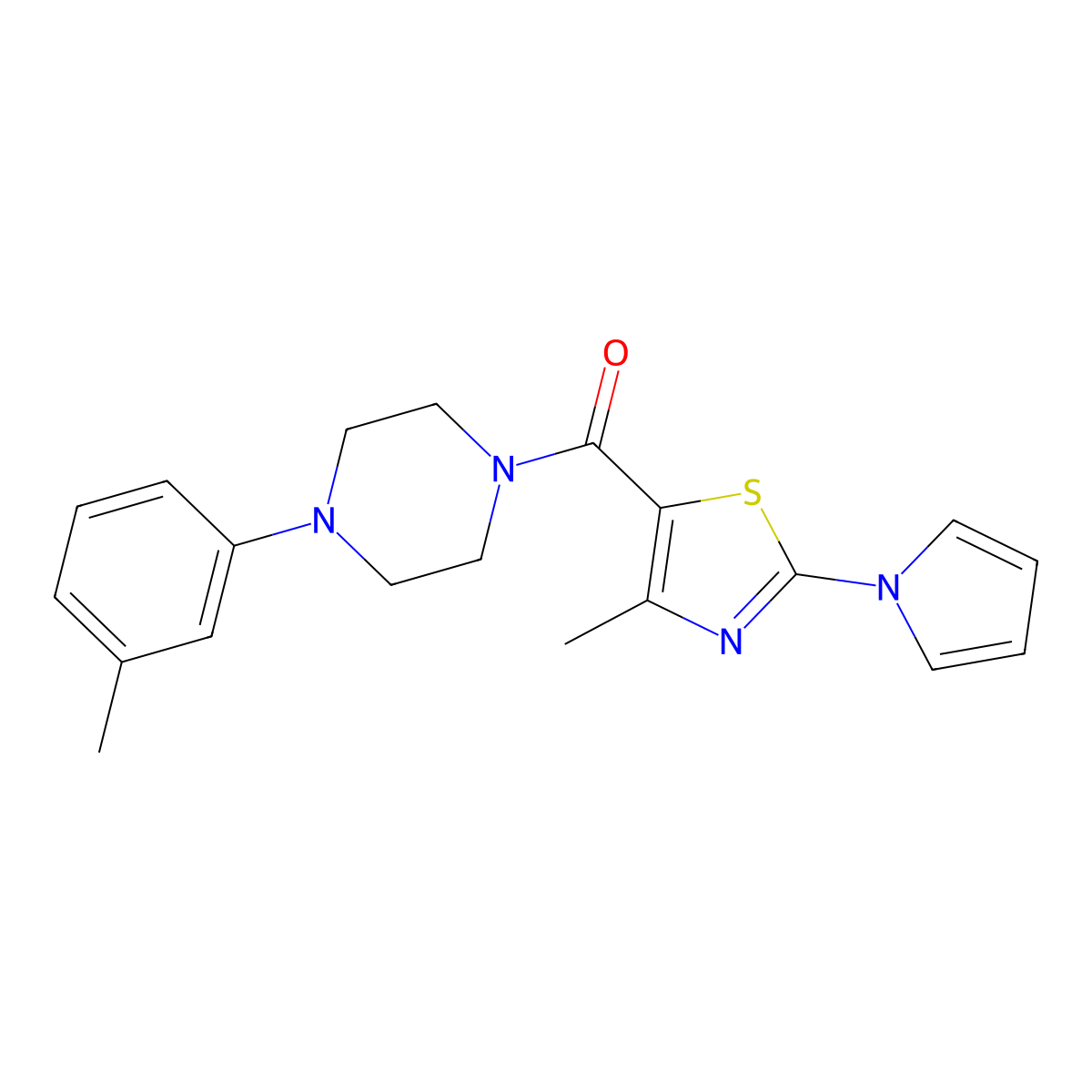 (4-methyl-2-(1H-pyrrol-1-yl)thiazol-5-yl)(4-(m-tolyl)piperazin-1-yl)methanone molecular structure, CAS 1251631-28-3