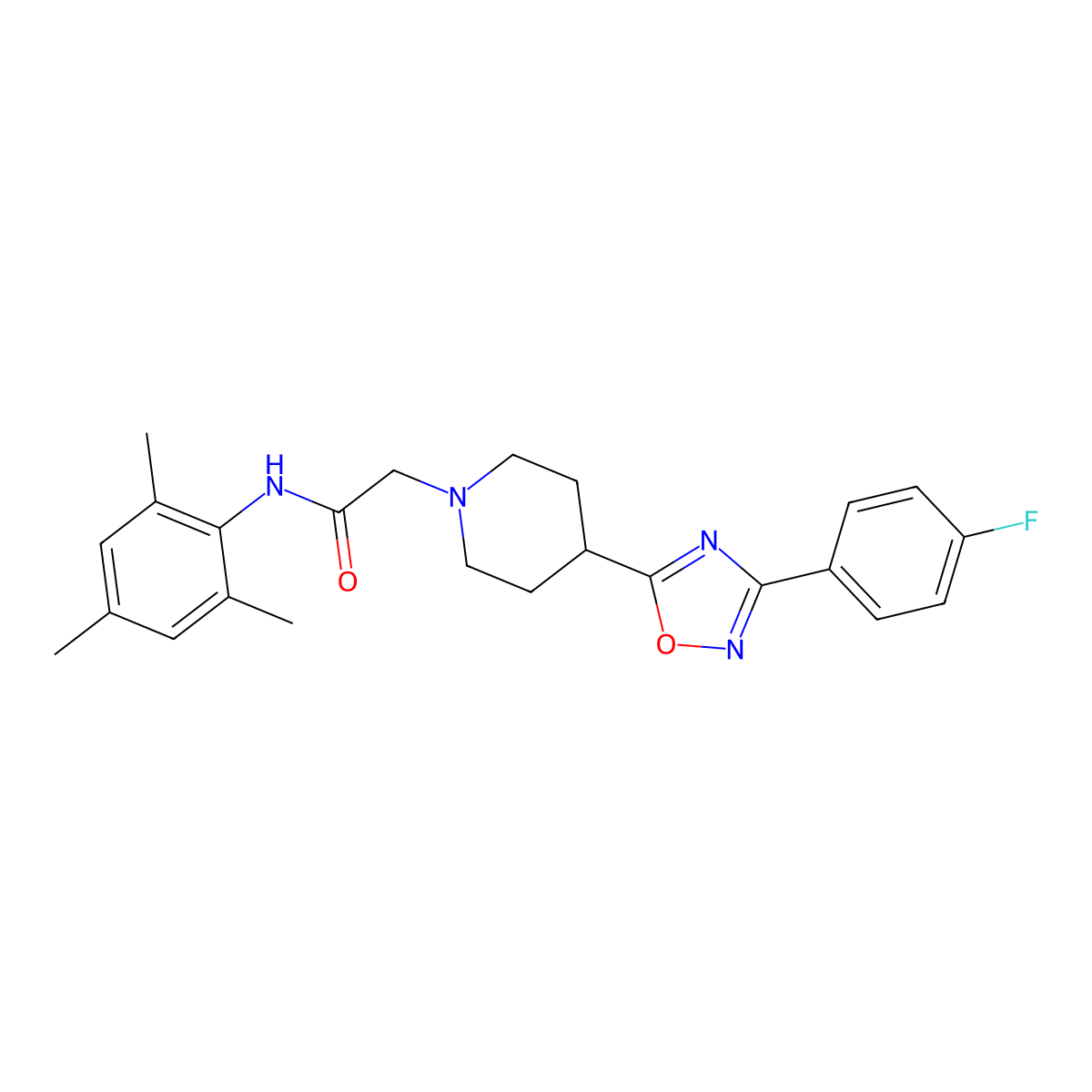 2-(4-(3-(4-fluorophenyl)-1,2,4-oxadiazol-5-yl)piperidin-1-yl)-N-mesitylacetamide molecular structure, CAS 1251631-32-9