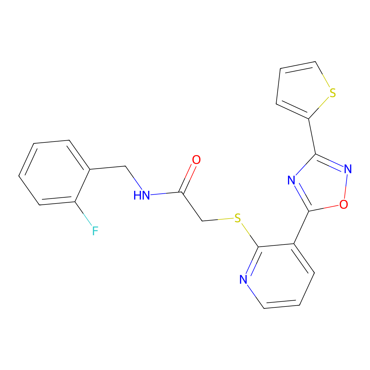 N-(2-fluorobenzyl)-2-((3-(3-(thiophen-2-yl)-1,2,4-oxadiazol-5-yl)pyridin-2-yl)thio)acetamide molecular structure, CAS 1251631-33-0