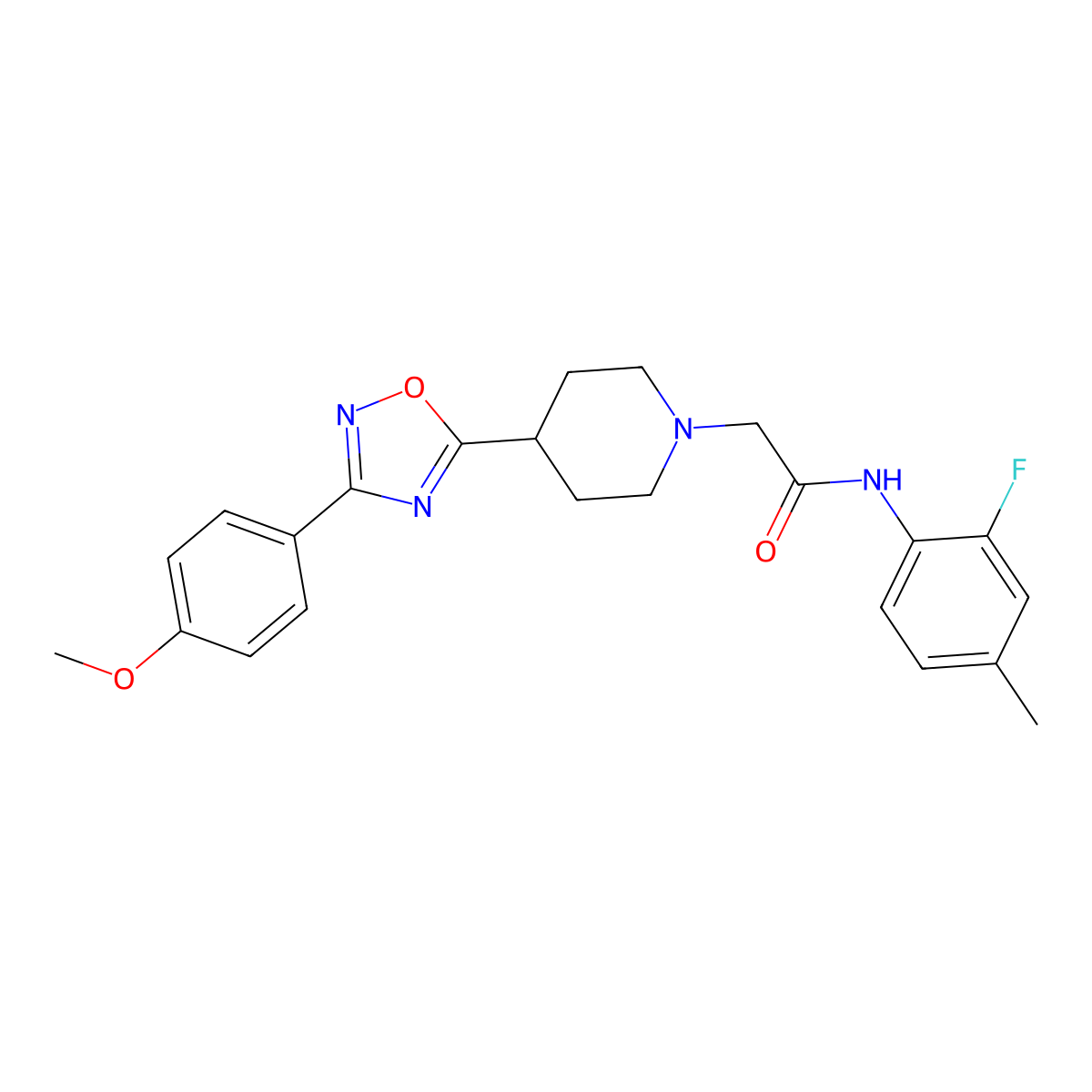 N-(2-fluoro-4-methylphenyl)-2-(4-(3-(4-methoxyphenyl)-1,2,4-oxadiazol-5-yl)piperidin-1-yl)acetamide molecular structure, CAS 1251631-45-4