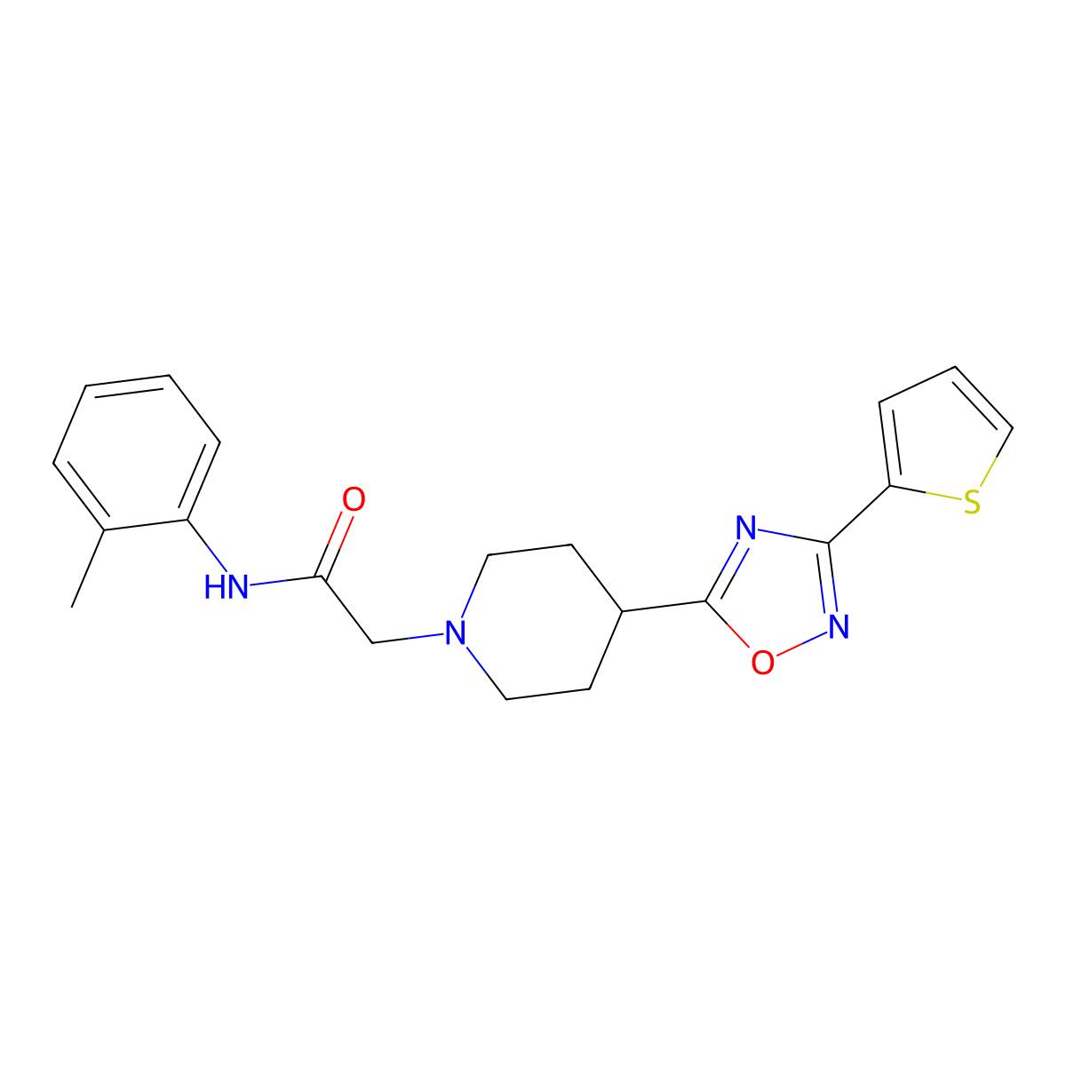 N-(2-methylphenyl)-2-{4-[3-(thiophen-2-yl)-1,2,4-oxadiazol-5-yl]piperidin-1-yl}acetamide molecular structure, CAS 1251631-48-7