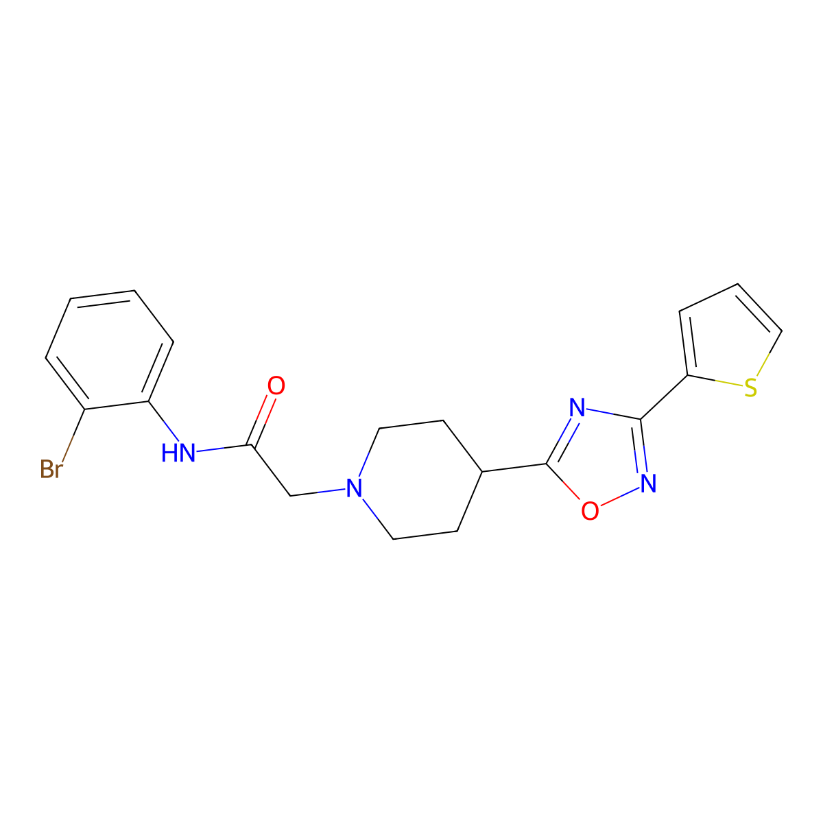 N-(2-bromophenyl)-2-(4-(3-(thiophen-2-yl)-1,2,4-oxadiazol-5-yl)piperidin-1-yl)acetamide molecular structure, CAS 1251631-53-4