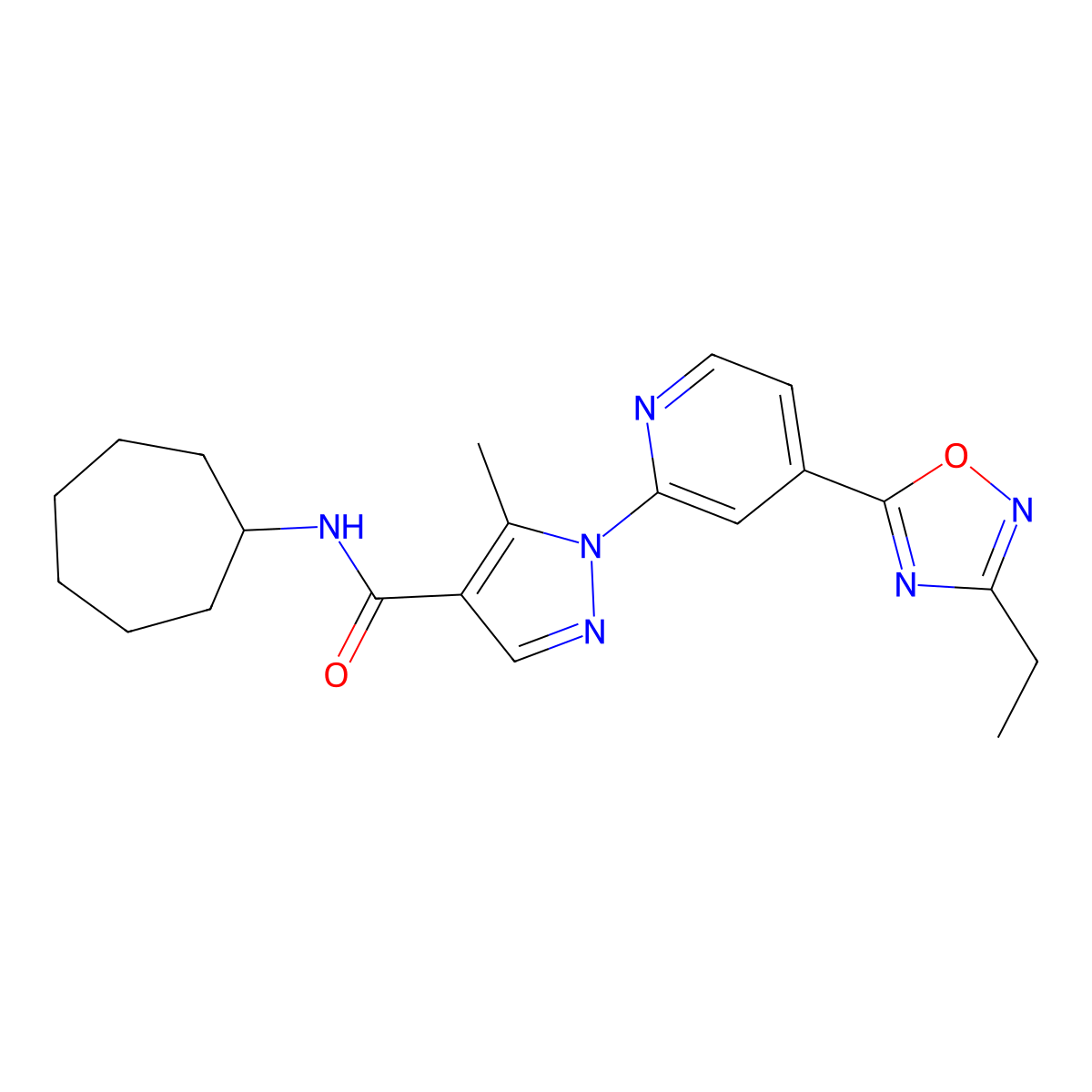 N-cycloheptyl-1-[4-(3-ethyl-1,2,4-oxadiazol-5-yl)pyridin-2-yl]-5-methyl-1H-pyrazole-4-carboxamide molecular structure, CAS 1251631-57-8