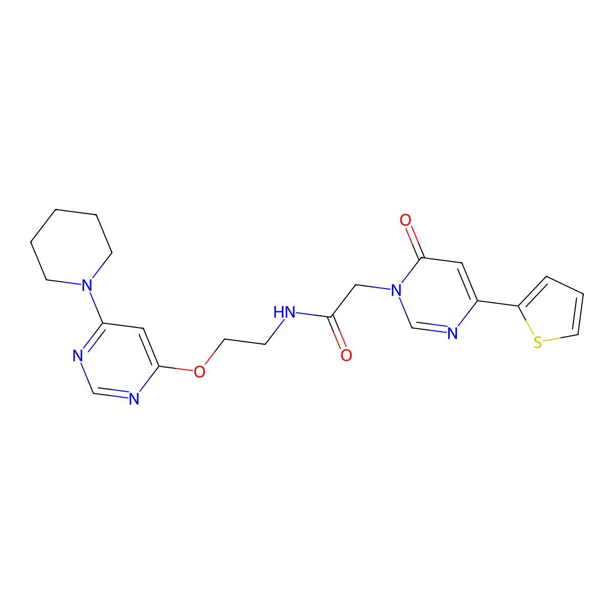 2-(6-oxo-4-(thiophen-2-yl)pyrimidin-1(6H)-yl)-N-(2-((6-(piperidin-1-yl)pyrimidin-4-yl)oxy)ethyl)acetamide molecular structure, CAS 1251631-62-5