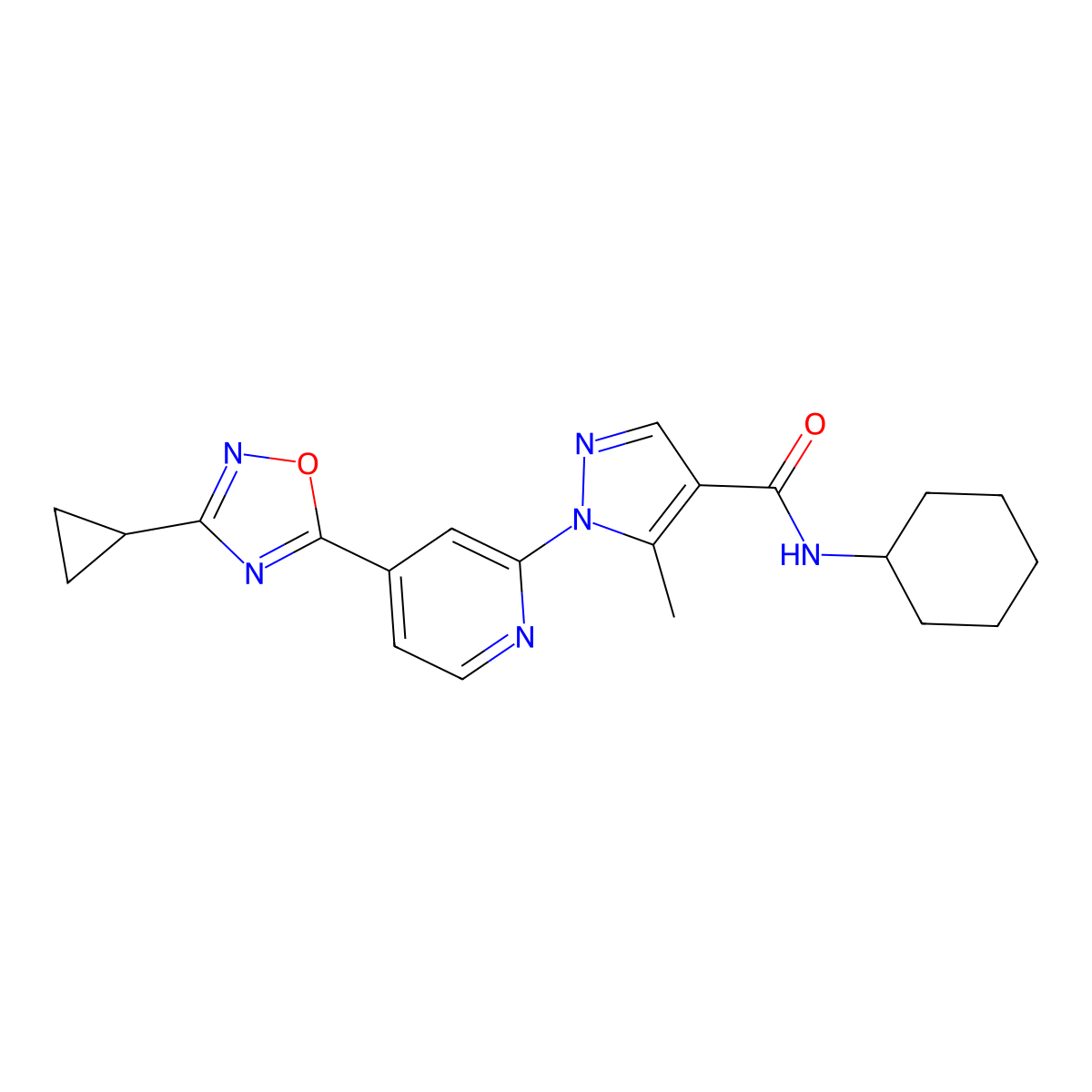 N-cyclohexyl-1-[4-(3-cyclopropyl-1,2,4-oxadiazol-5-yl)pyridin-2-yl]-5-methyl-1H-pyrazole-4-carboxamide molecular structure, CAS 1251631-74-9