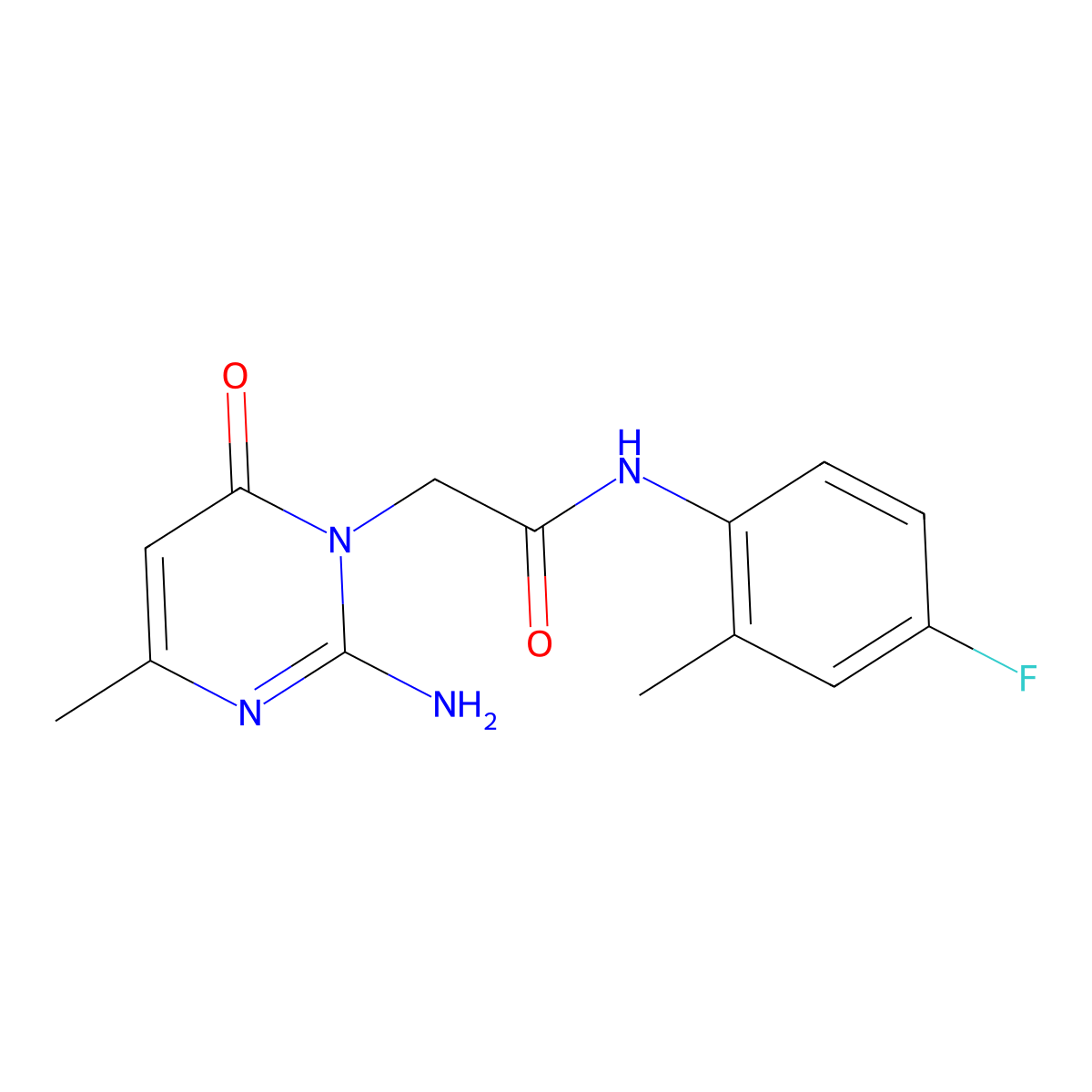 2-[2-amino-4-methyl-6-oxo-1(6H)-pyrimidinyl]-N~1~-(4-fluoro-2-methylphenyl)acetamide molecular structure, CAS 1251631-84-1