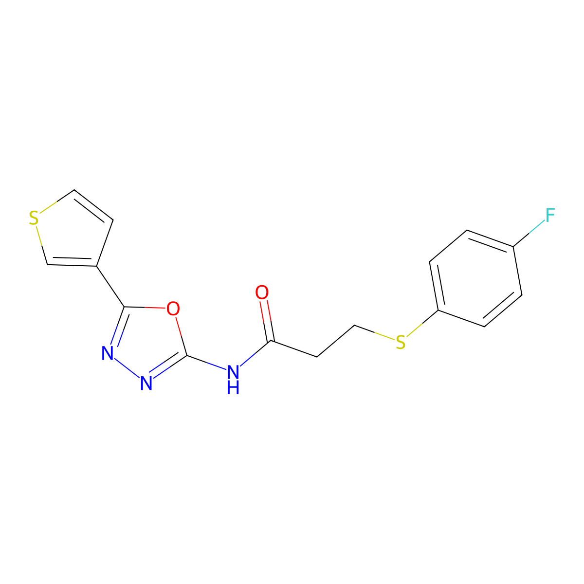 3-((4-fluorophenyl)thio)-N-(5-(thiophen-3-yl)-1,3,4-oxadiazol-2-yl)propanamide molecular structure, CAS 1251631-89-6