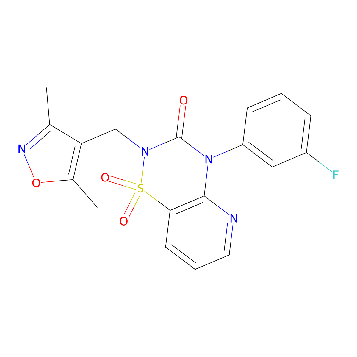 2-((3,5-dimethylisoxazol-4-yl)methyl)-4-(3-fluorophenyl)-2H-pyrido[2,3-e][1,2,4]thiadiazin-3(4H)-one 1,1-dioxide molecular structure, CAS 1251632-02-6