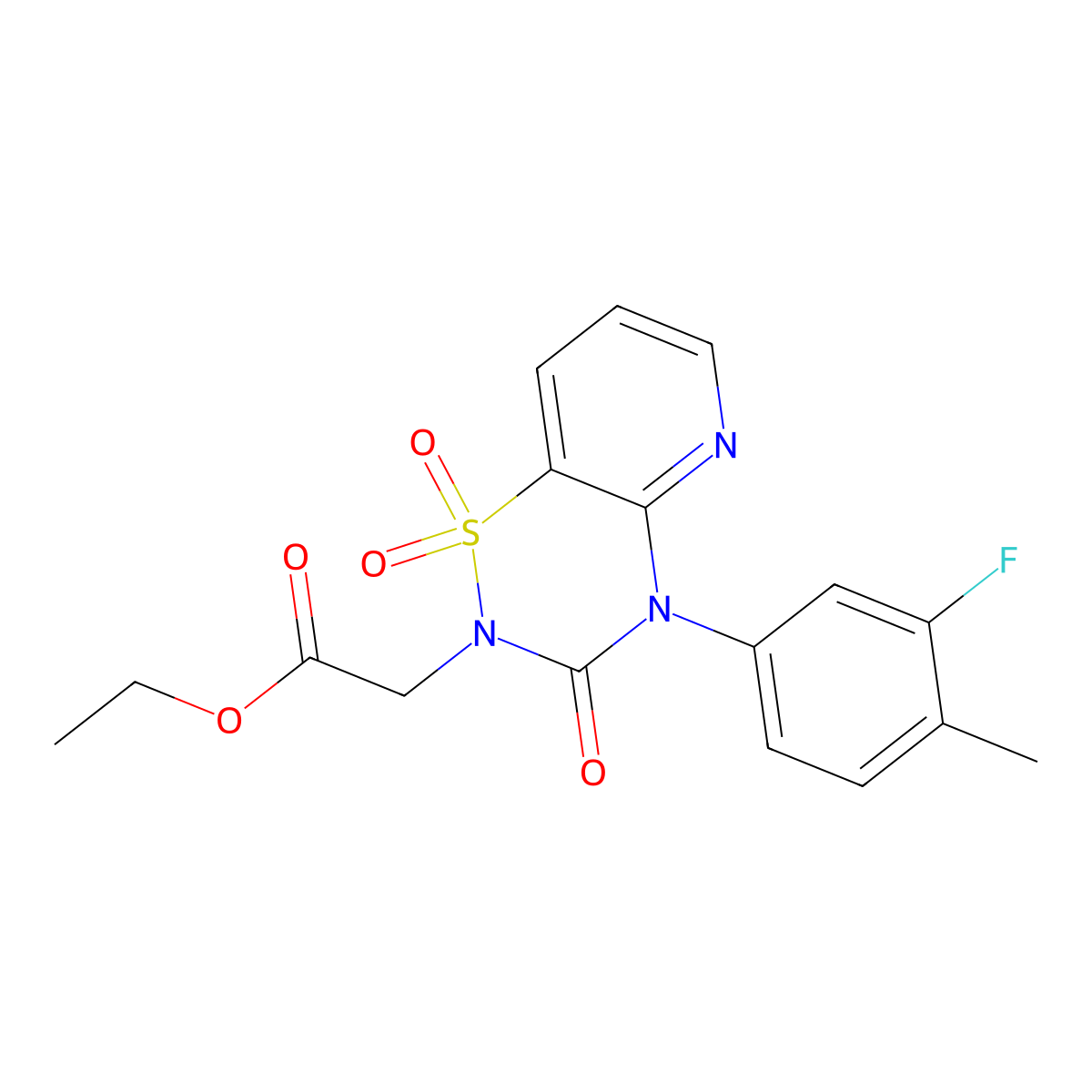 ethyl 2-(4-(3-fluoro-4-methylphenyl)-1,1-dioxido-3-oxo-3,4-dihydro-2H-pyrido[2,3-e][1,2,4]thiadiazin-2-yl)acetate molecular structure, CAS 1251632-06-0