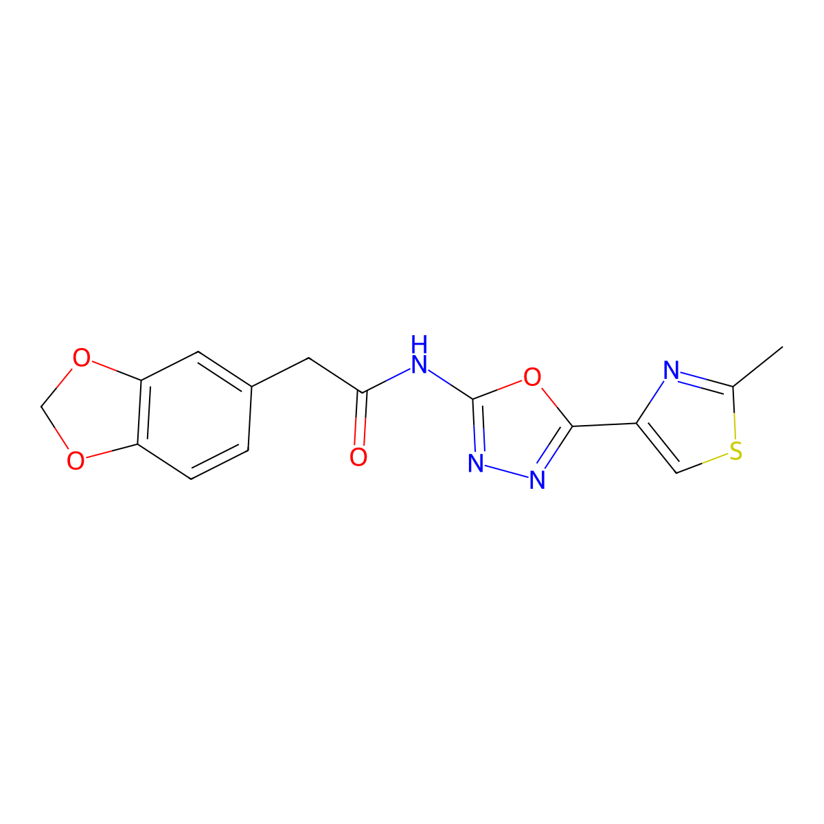 2-(2H-1,3-benzodioxol-5-yl)-N-[5-(2-methyl-1,3-thiazol-4-yl)-1,3,4-oxadiazol-2-yl]acetamide molecular structure, CAS 1251632-08-2