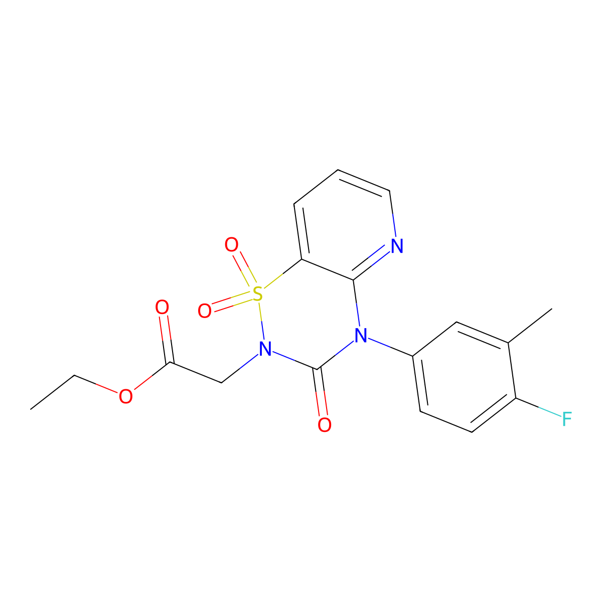 ethyl 2-(4-(4-fluoro-3-methylphenyl)-1,1-dioxido-3-oxo-3,4-dihydro-2H-pyrido[2,3-e][1,2,4]thiadiazin-2-yl)acetate molecular structure, CAS 1251632-10-6