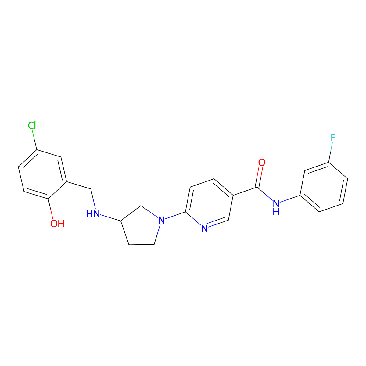 6-{3-[(5-chloro-2-hydroxybenzyl)amino]-1-pyrrolidinyl}-N~3~-(3-fluorophenyl)nicotinamide molecular structure, CAS 1251632-14-0