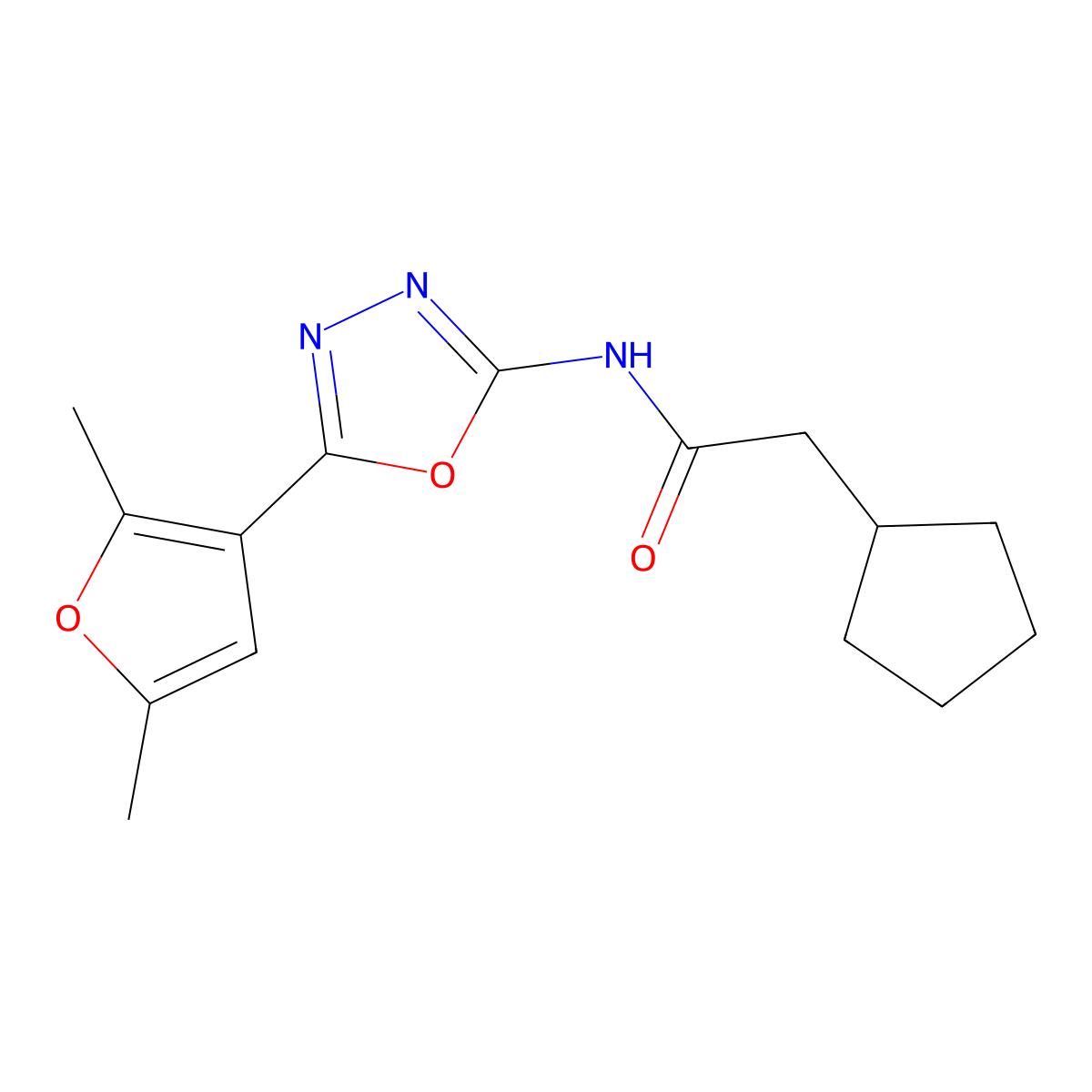 2-cyclopentyl-N-[5-(2,5-dimethylfuran-3-yl)-1,3,4-oxadiazol-2-yl]acetamide molecular structure, CAS 1251632-16-2