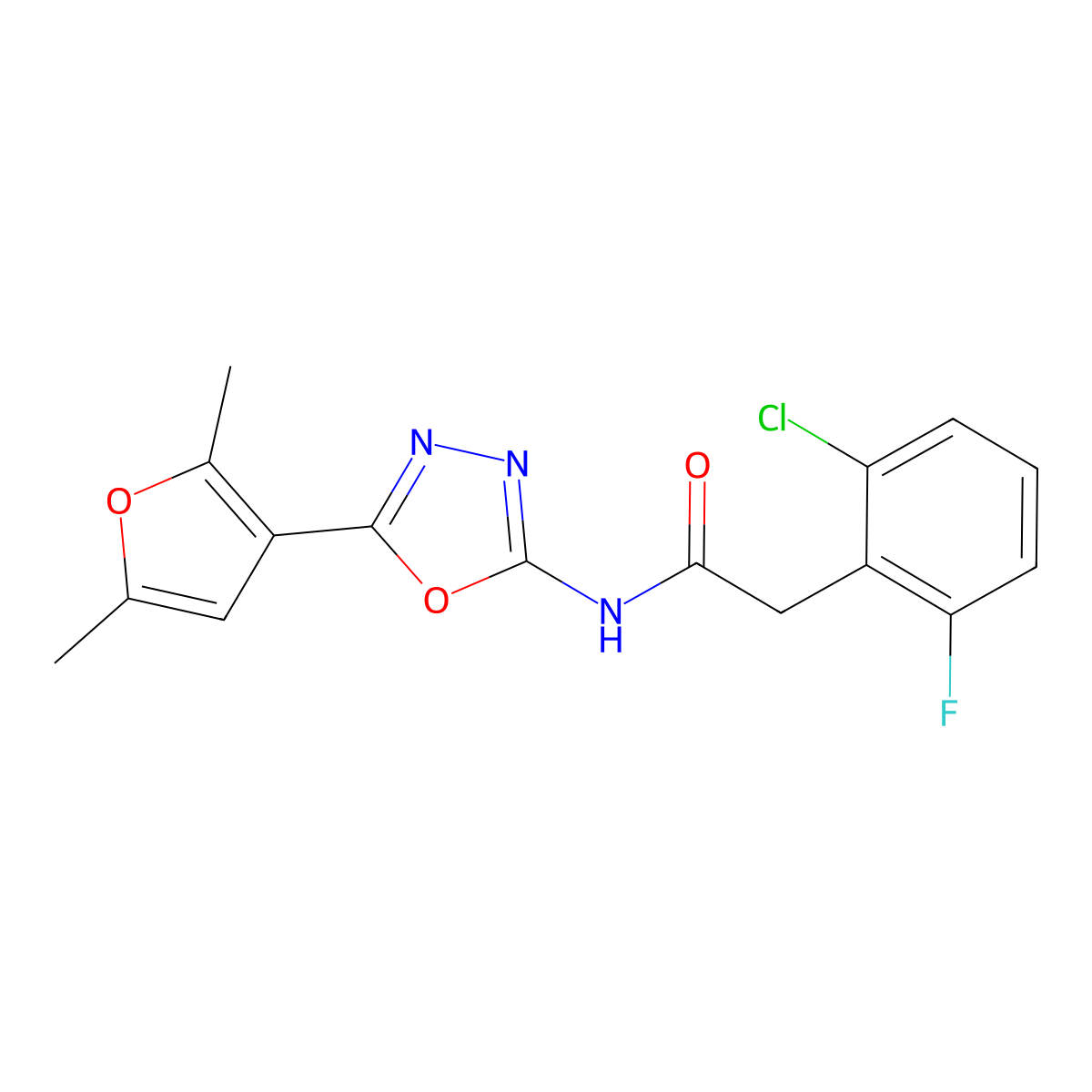 2-(2-chloro-6-fluorophenyl)-N-[5-(2,5-dimethylfuran-3-yl)-1,3,4-oxadiazol-2-yl]acetamide molecular structure, CAS 1251632-19-5