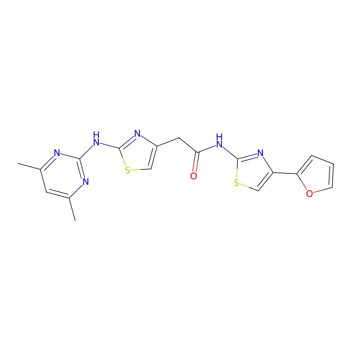 2-(2-((4,6-dimethylpyrimidin-2-yl)amino)thiazol-4-yl)-N-(4-(furan-2-yl)thiazol-2-yl)acetamide molecular structure, CAS 1251632-26-4