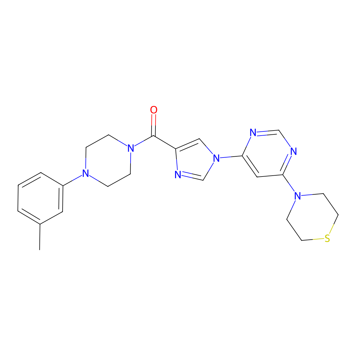 (1-(6-thiomorpholinopyrimidin-4-yl)-1H-imidazol-4-yl)(4-(m-tolyl)piperazin-1-yl)methanone molecular structure, CAS 1251632-52-6