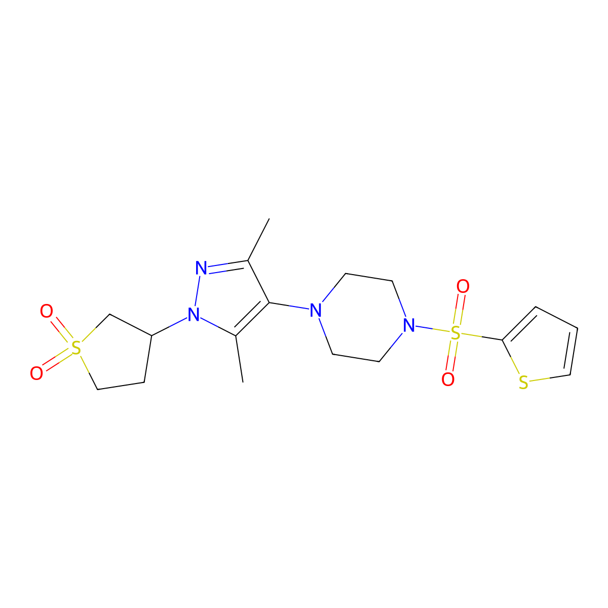 3-(3,5-dimethyl-4-(4-(thiophen-2-ylsulfonyl)piperazin-1-yl)-1H-pyrazol-1-yl)tetrahydrothiophene 1,1-dioxide molecular structure, CAS 1251632-57-1