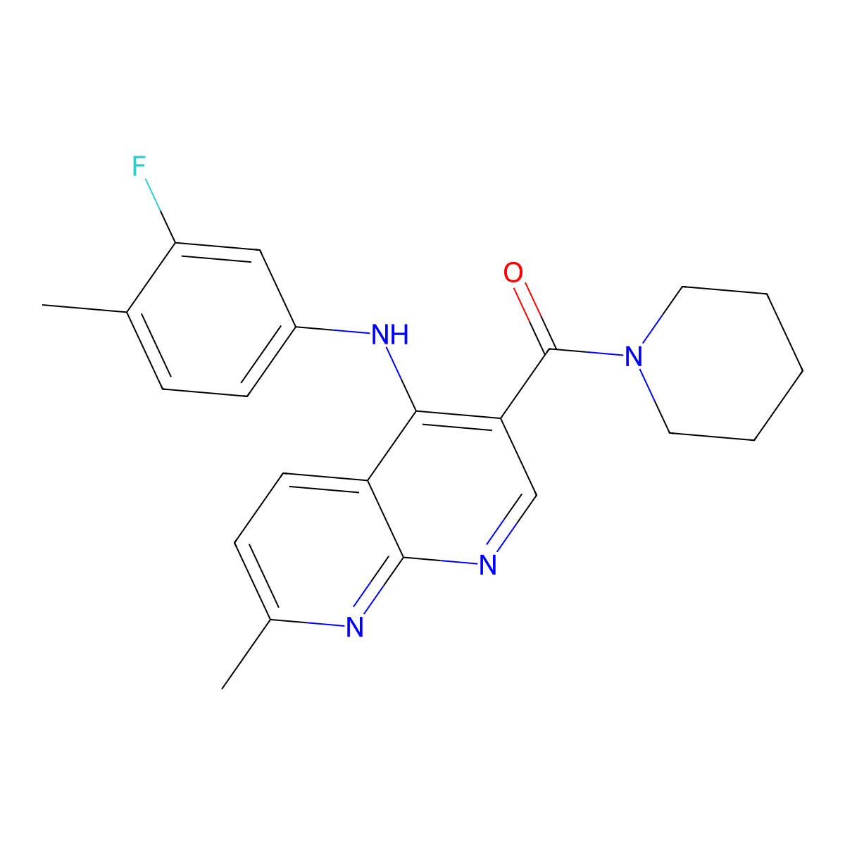 (4-((3-Fluoro-4-methylphenyl)amino)-7-methyl-1,8-naphthyridin-3-yl)(piperidin-1-yl)methanone molecular structure, CAS 1251632-90-2