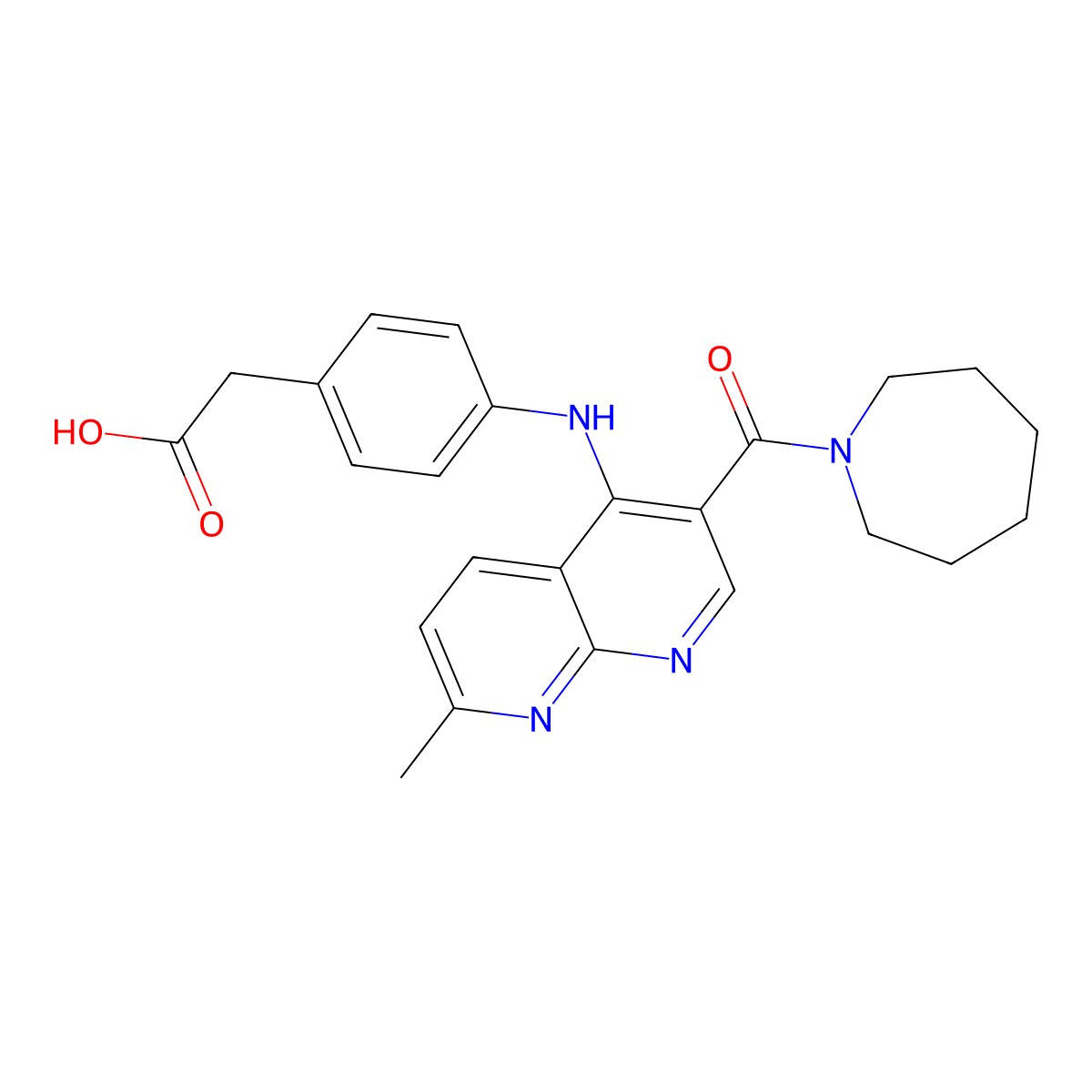 2-(4-{[3-(Azepane-1-carbonyl)-7-methyl-1,8-naphthyridin-4-yl]amino}phenyl)acetic acid molecular structure, CAS 1251633-00-7