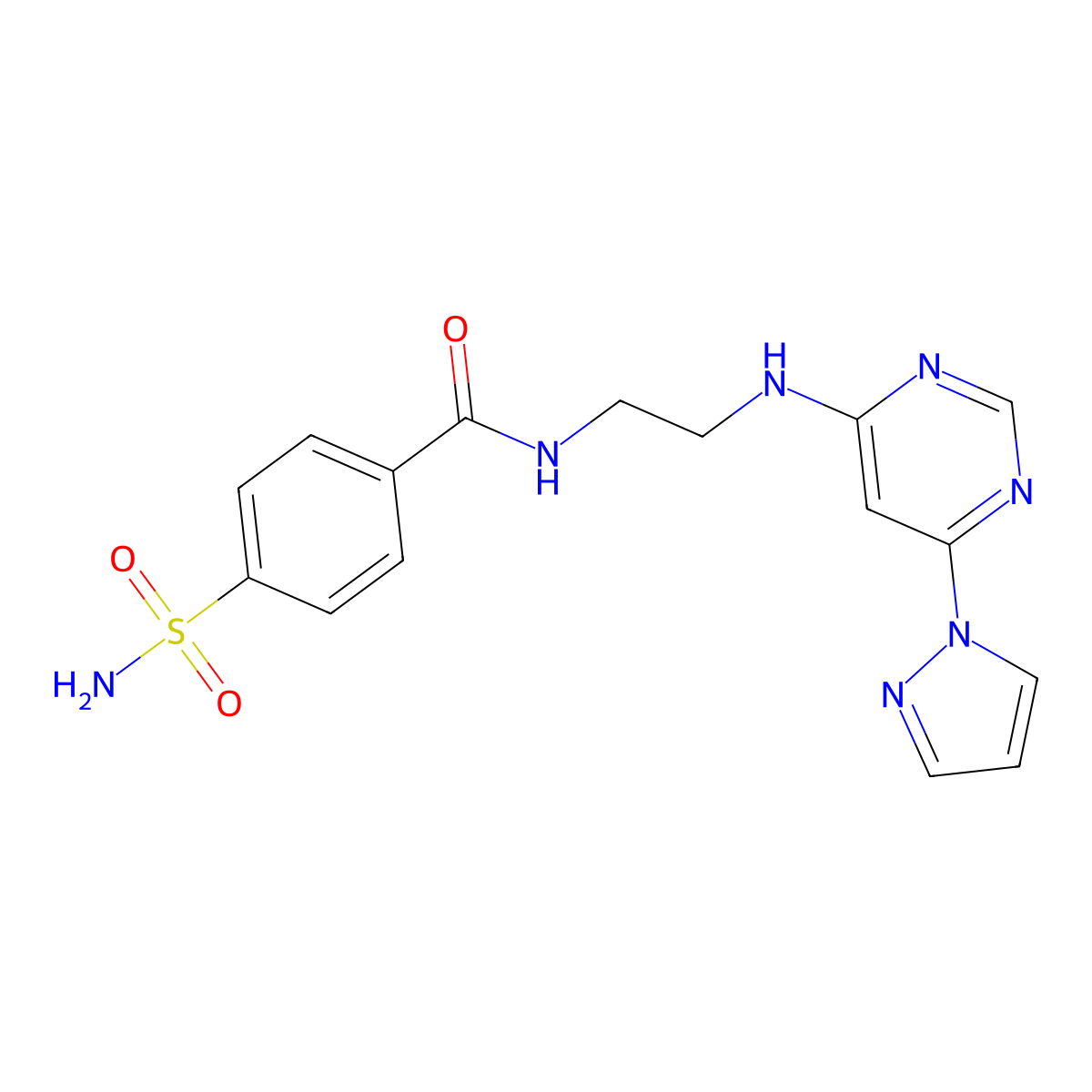 N-(2-((6-(1H-pyrazol-1-yl)pyrimidin-4-yl)amino)ethyl)-4-sulfamoylbenzamide molecular structure, CAS 1251633-08-5