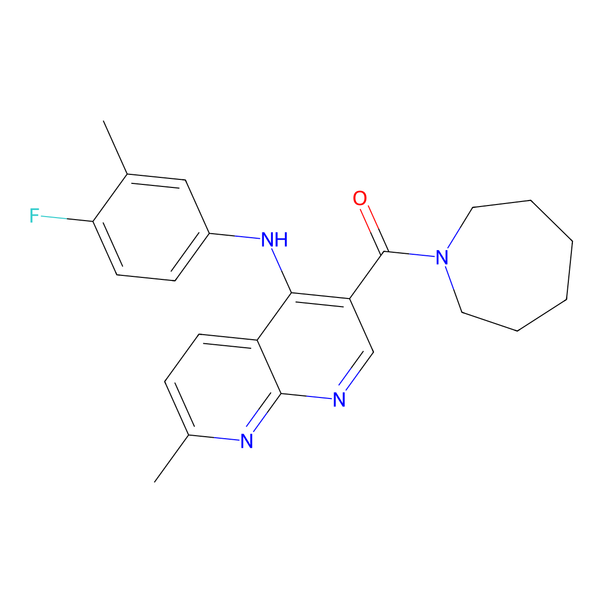Azepan-1-yl(4-((4-fluoro-3-methylphenyl)amino)-7-methyl-1,8-naphthyridin-3-yl)methanone molecular structure, CAS 1251633-12-1
