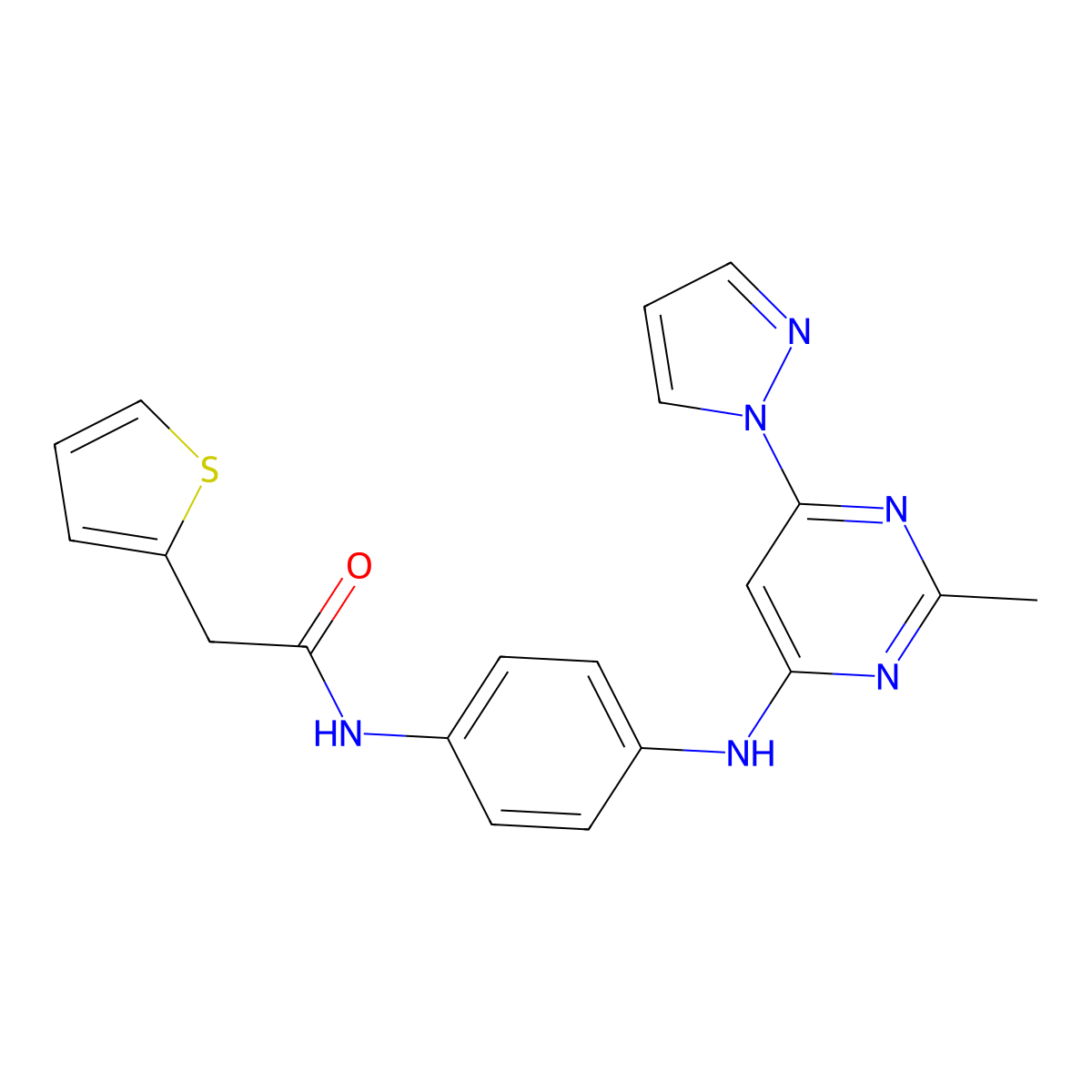 N-(4-{[2-methyl-6-(1H-pyrazol-1-yl)pyrimidin-4-yl]amino}phenyl)-2-(thiophen-2-yl)acetamide molecular structure, CAS 1251633-13-2