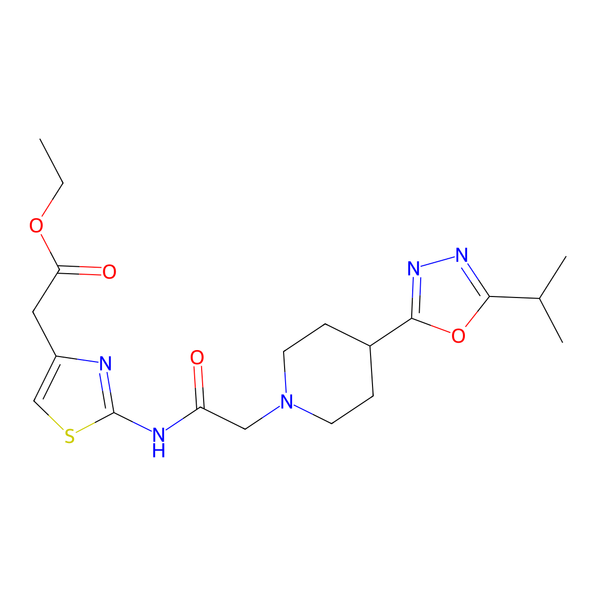 Ethyl 2-(2-(2-(4-(5-isopropyl-1,3,4-oxadiazol-2-yl)piperidin-1-yl)acetamido)thiazol-4-yl)acetate molecular structure, CAS 1251633-17-6
