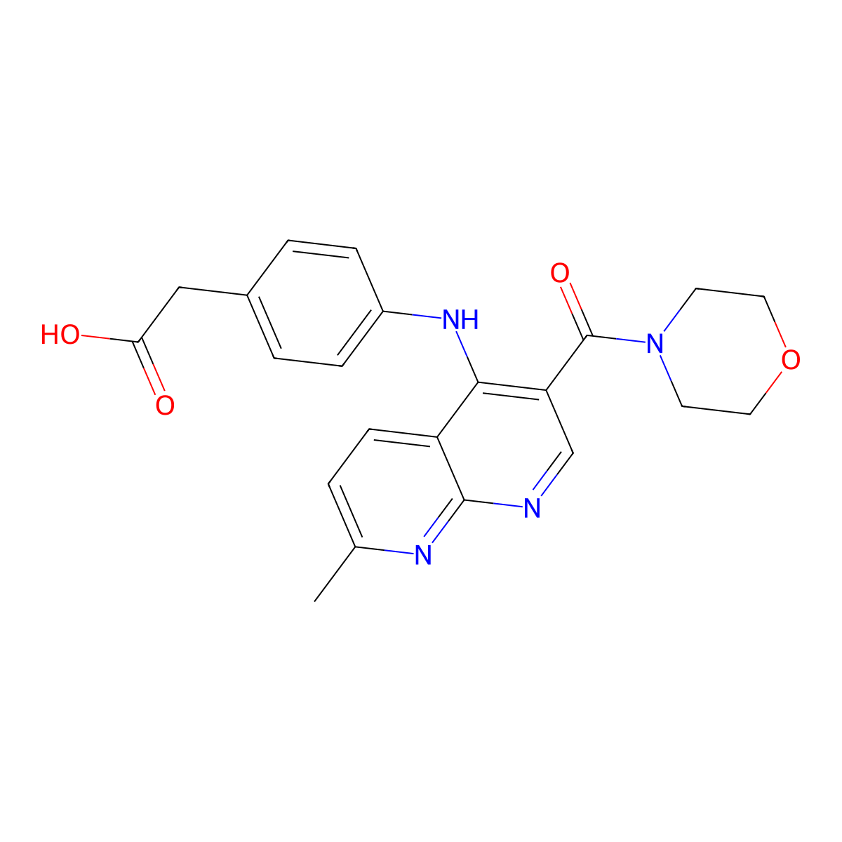 2-(4-((7-Methyl-3-(morpholine-4-carbonyl)-1,8-naphthyridin-4-yl)amino)phenyl)acetic acid molecular structure, CAS 1251633-23-4