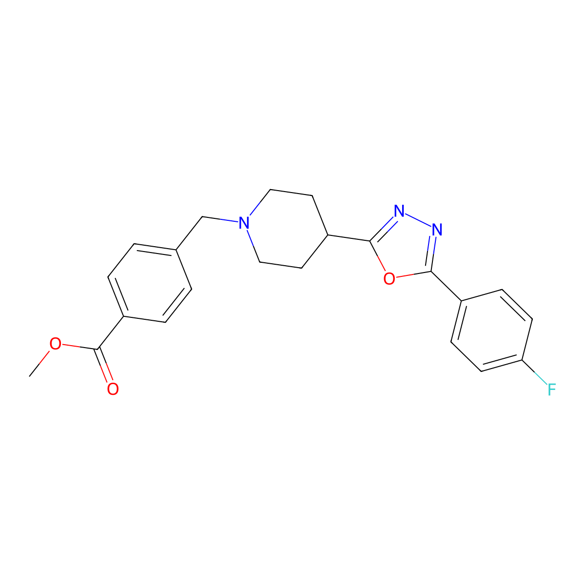 Methyl 4-((4-(5-(4-fluorophenyl)-1,3,4-oxadiazol-2-yl)piperidin-1-yl)methyl)benzoate molecular structure, CAS 1251633-31-4