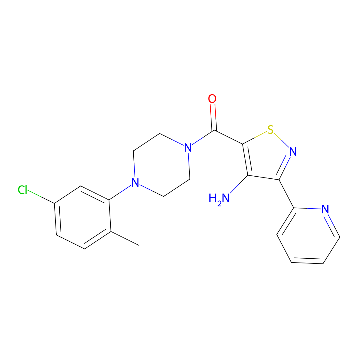(4-Amino-3-(pyridin-2-yl)isothiazol-5-yl)(4-(5-chloro-2-methylphenyl)piperazin-1-yl)methanone molecular structure, CAS 1251633-33-6